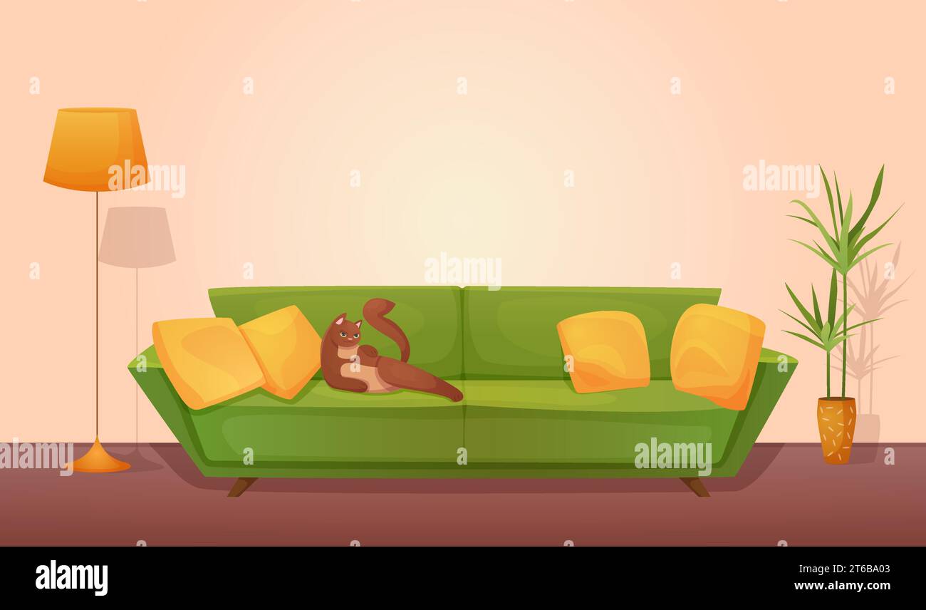 Chat allongé sur le canapé dans le salon illustration vectorielle intérieure confortable. Canapé rétro vert dessin animé avec chaton brun et oreillers jaunes décor, lampe et plantes dans le salon de l'appartement à la maison ou de l'hôtel Illustration de Vecteur