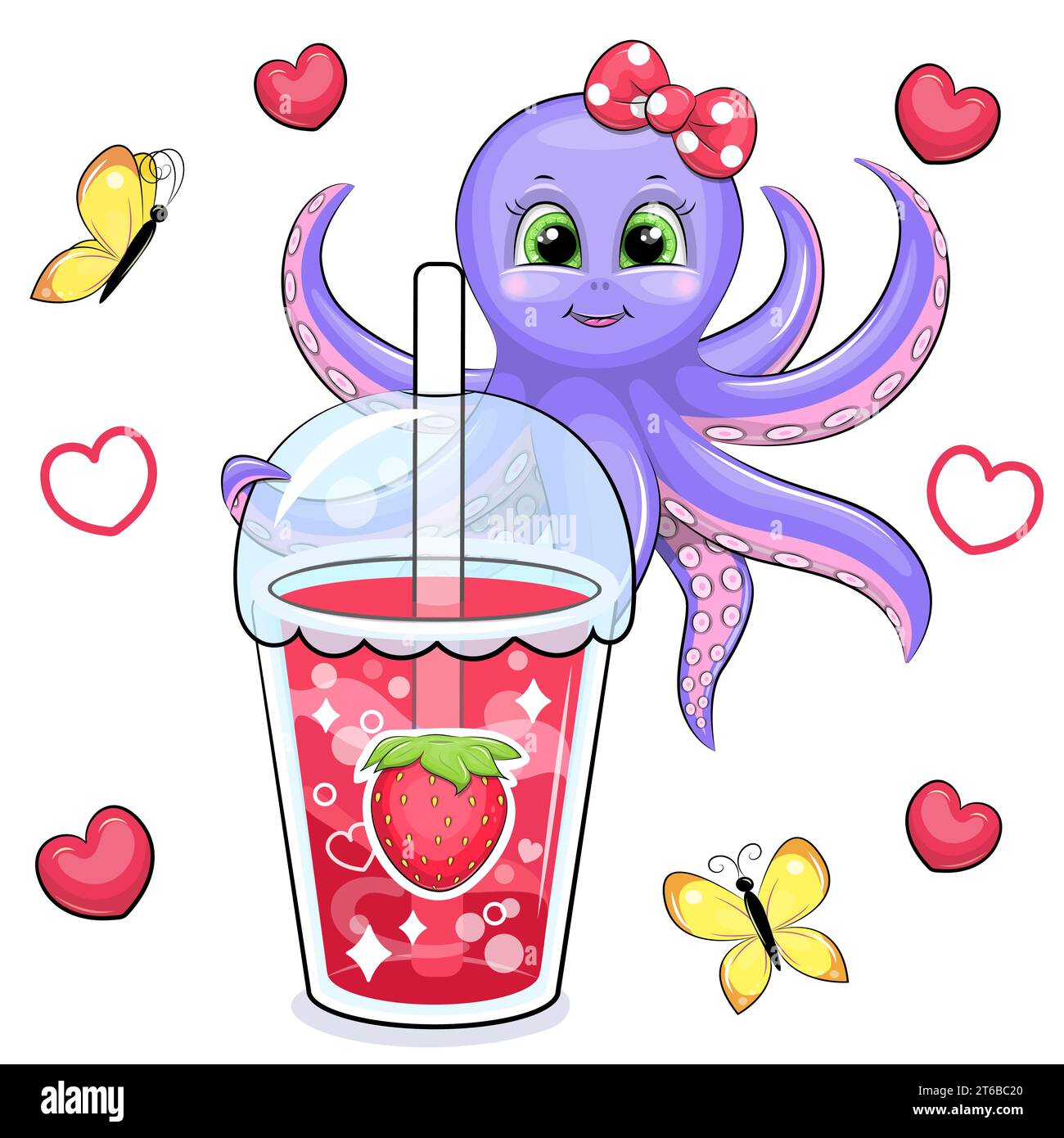 Mignon poulpe de dessin animé avec une grande boisson à la fraise. Illustration vectorielle d'un animal et une tasse d'eau rouge sur un fond blanc avec des coeurs rouges. Illustration de Vecteur