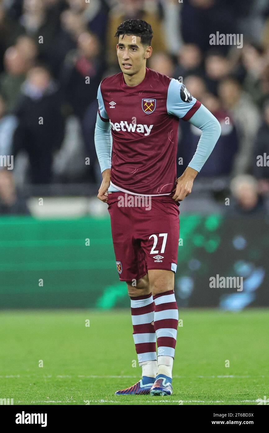 Londres, Royaume-Uni. 09 novembre 2023. Nayef Aguerd #27 de West Ham United lors du match de l'UEFA Europa League West Ham United vs Olympiakos FC au London Stadium, Londres, Royaume-Uni, le 9 novembre 2023 (photo de Mark Cosgrove/News Images) à Londres, Royaume-Uni le 11/9/2023. (Photo de Mark Cosgrove/News Images/Sipa USA) crédit : SIPA USA/Alamy Live News Banque D'Images