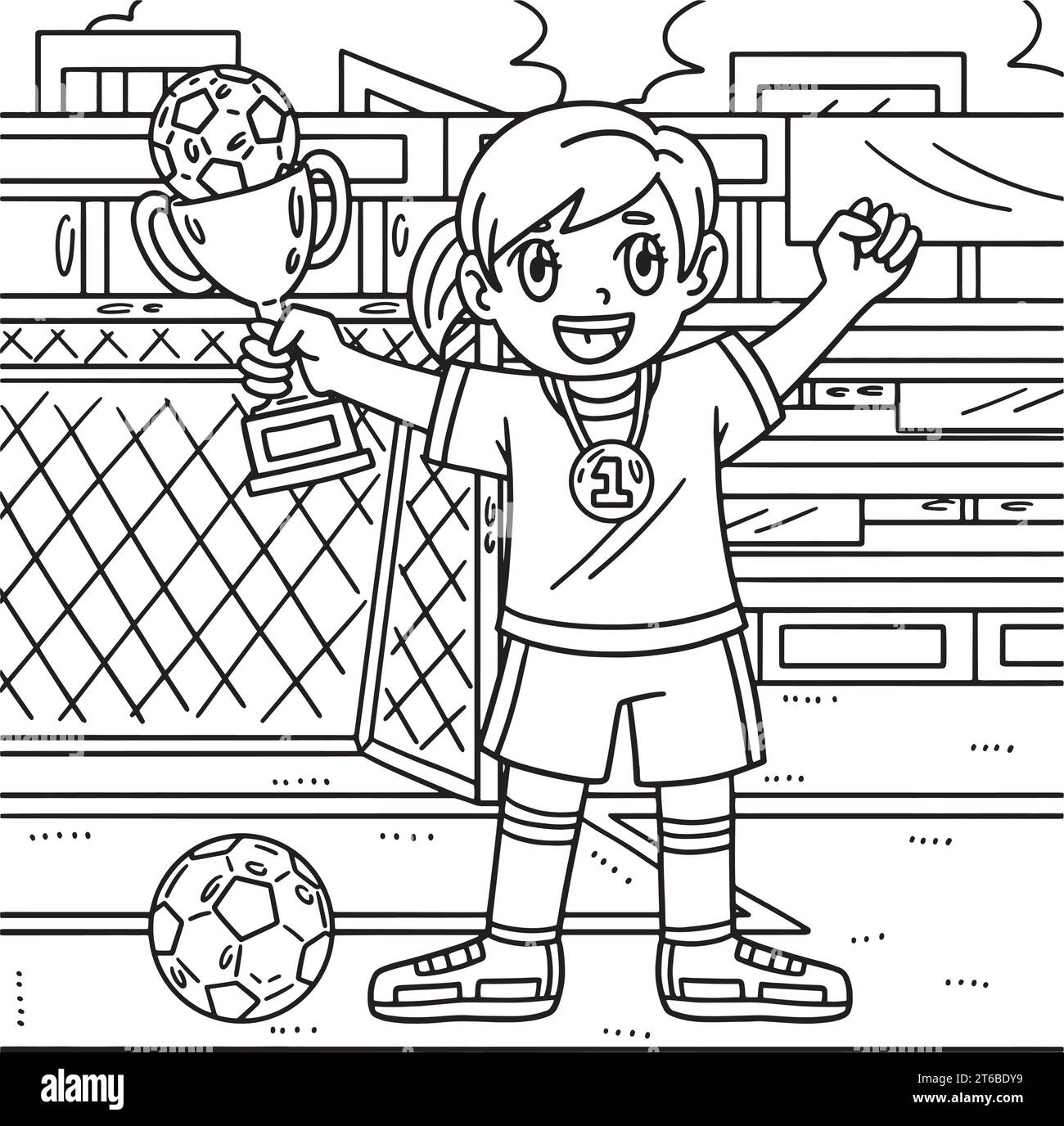 Fille avec trophée de football et page de coloriage de médaille Illustration de Vecteur