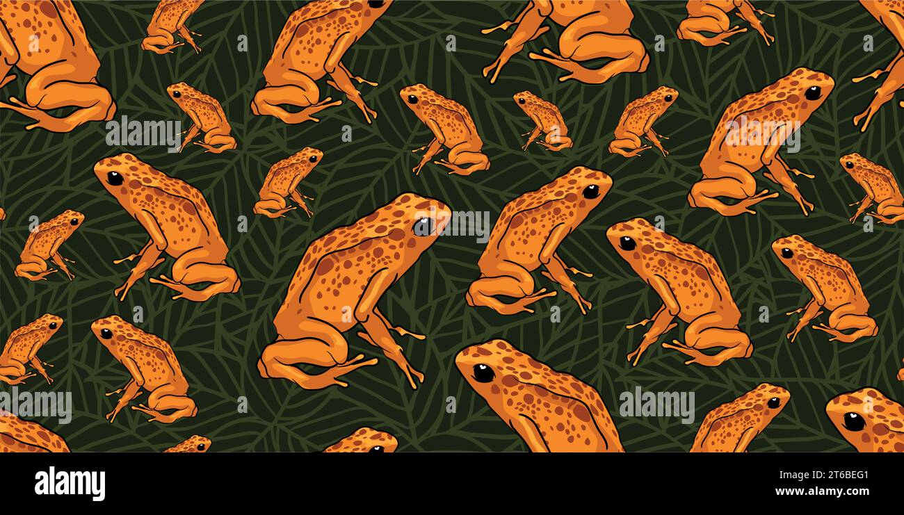 Motif sans couture de grenouille poison doré colombien avec motif sans couture de fond de feuilles Illustration de Vecteur