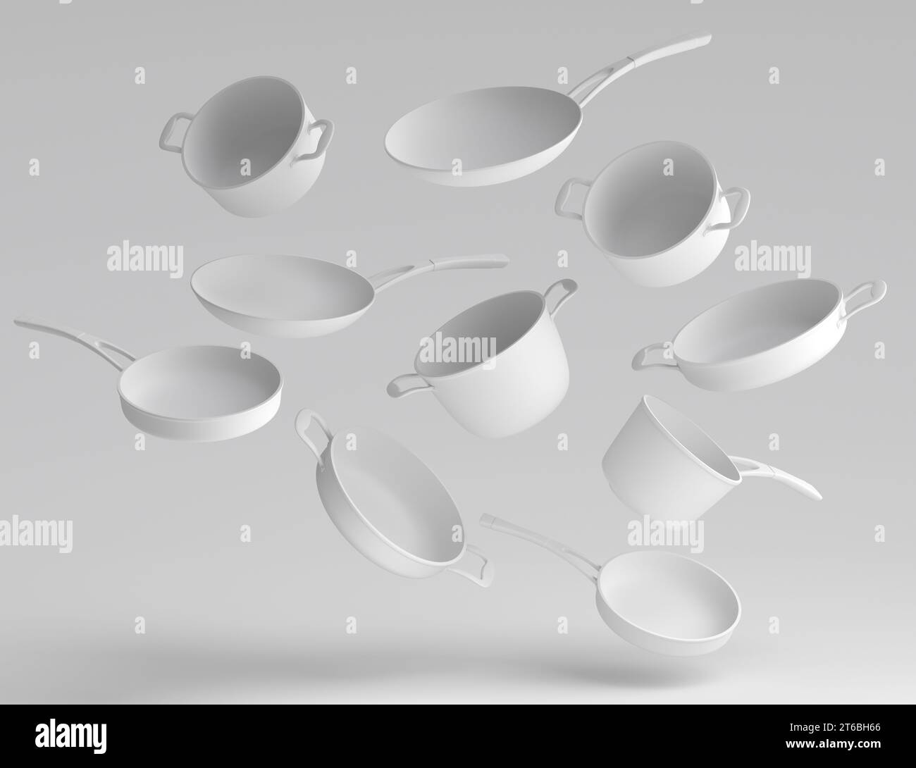 Ensemble de ragoût volant, poêle à frire et batterie de cuisine chromée sur monochrome Banque D'Images