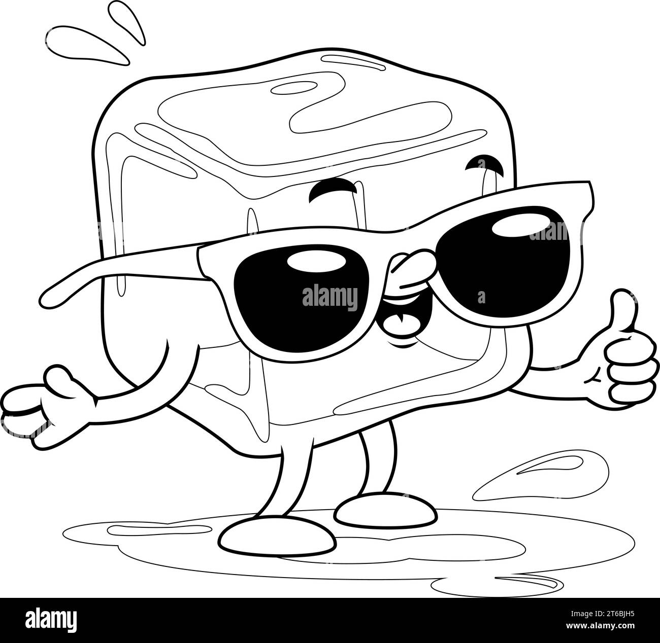 Personnage de cube de glace de dessin animé avec des lunettes de soleil. Page de coloriage en noir et blanc vectoriel. Illustration de Vecteur