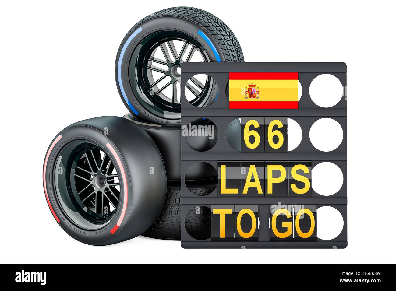 Course espagnole, pit board avec drapeau de l'Espagne et roues de course avec différents types de pneus composés. Rendu 3D isolé sur fond blanc Banque D'Images
