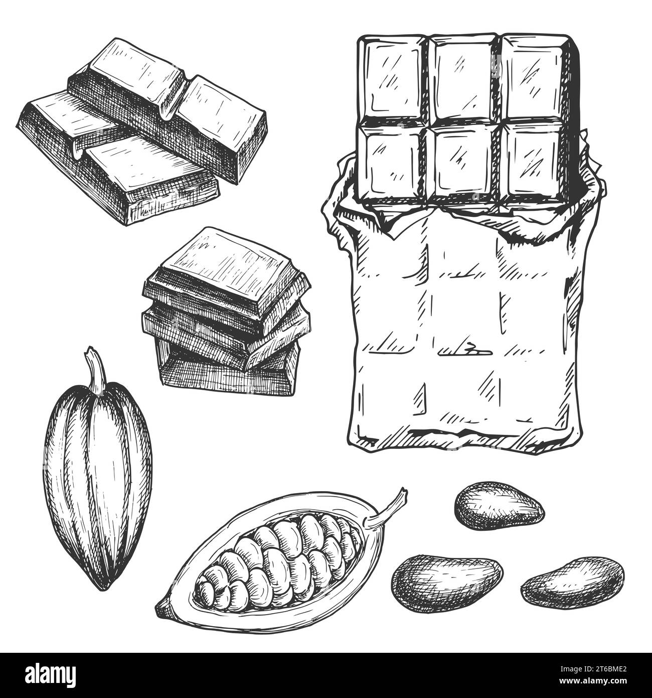 Barre de chocolat dessinée à la main et fèves de cacao, croquis noir et blanc isolé sur fond blanc. Illustration de nourriture vectorielle vintage. Illustration de Vecteur