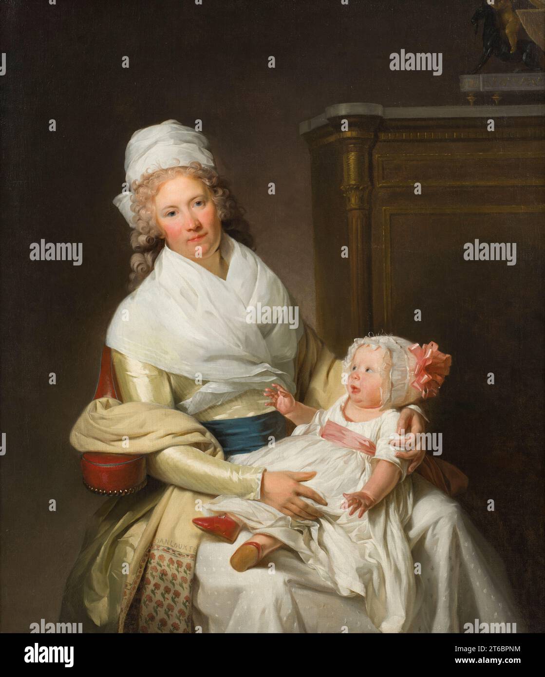 Constantia Foster avec bébé, 1790s. Femme tenant un enfant qui peut être son fils, sa sœur, une nièce ou un neveu. Dans le monde occidental, les petits garçons portaient des robes ou des robes jusqu'à ce qu'ils soient «vêtus», vêtus de culottes ou de pantalons. Banque D'Images