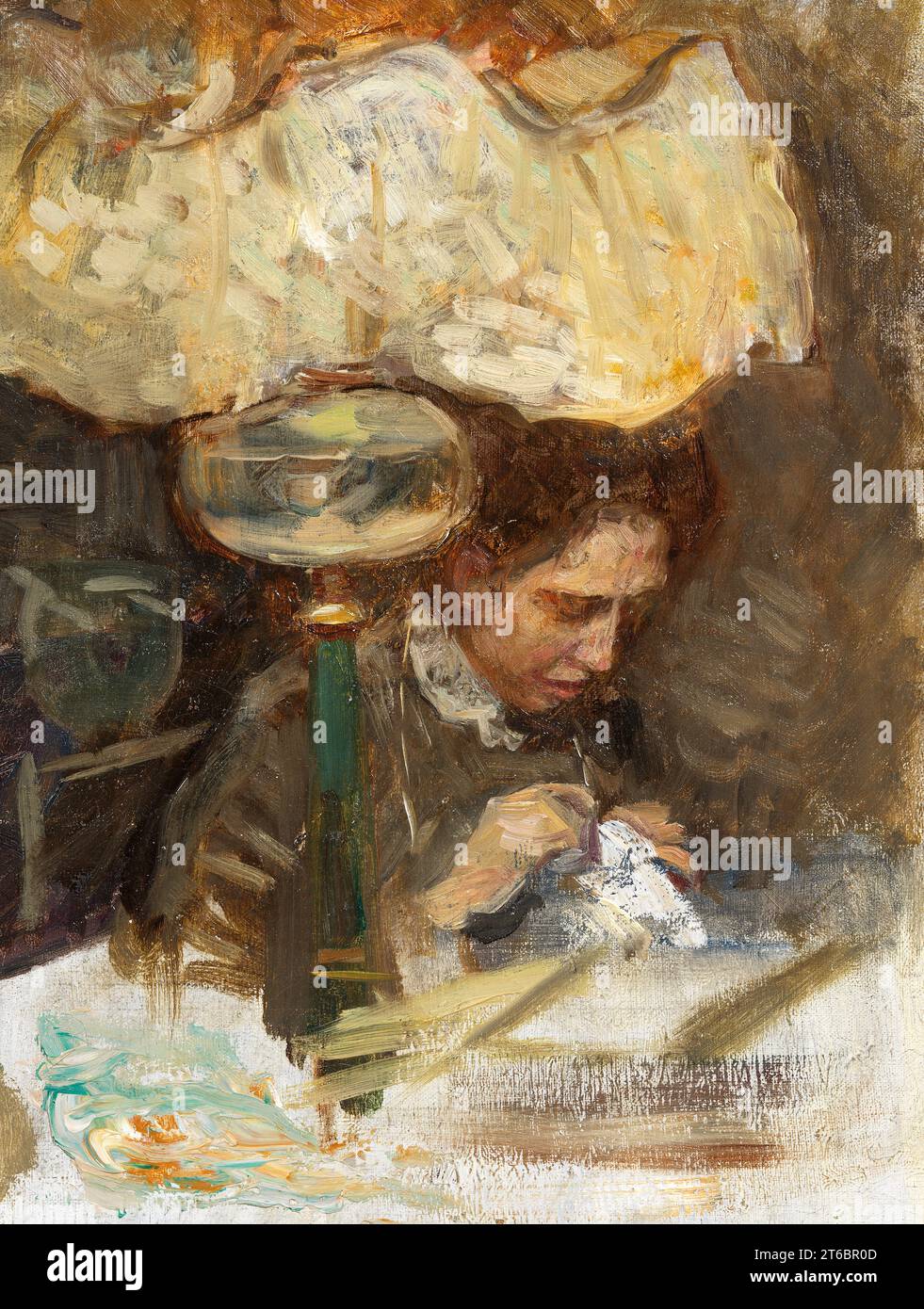 Étudier pour des amis - Nanna Bendixson, c.1907. Peintre suédois cousant à la lumière d'une lampe à kérosène. Banque D'Images