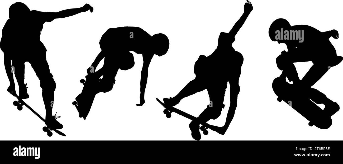 silhouettes en noir de quatre skateboarders faisant des tours, isolées Illustration de Vecteur