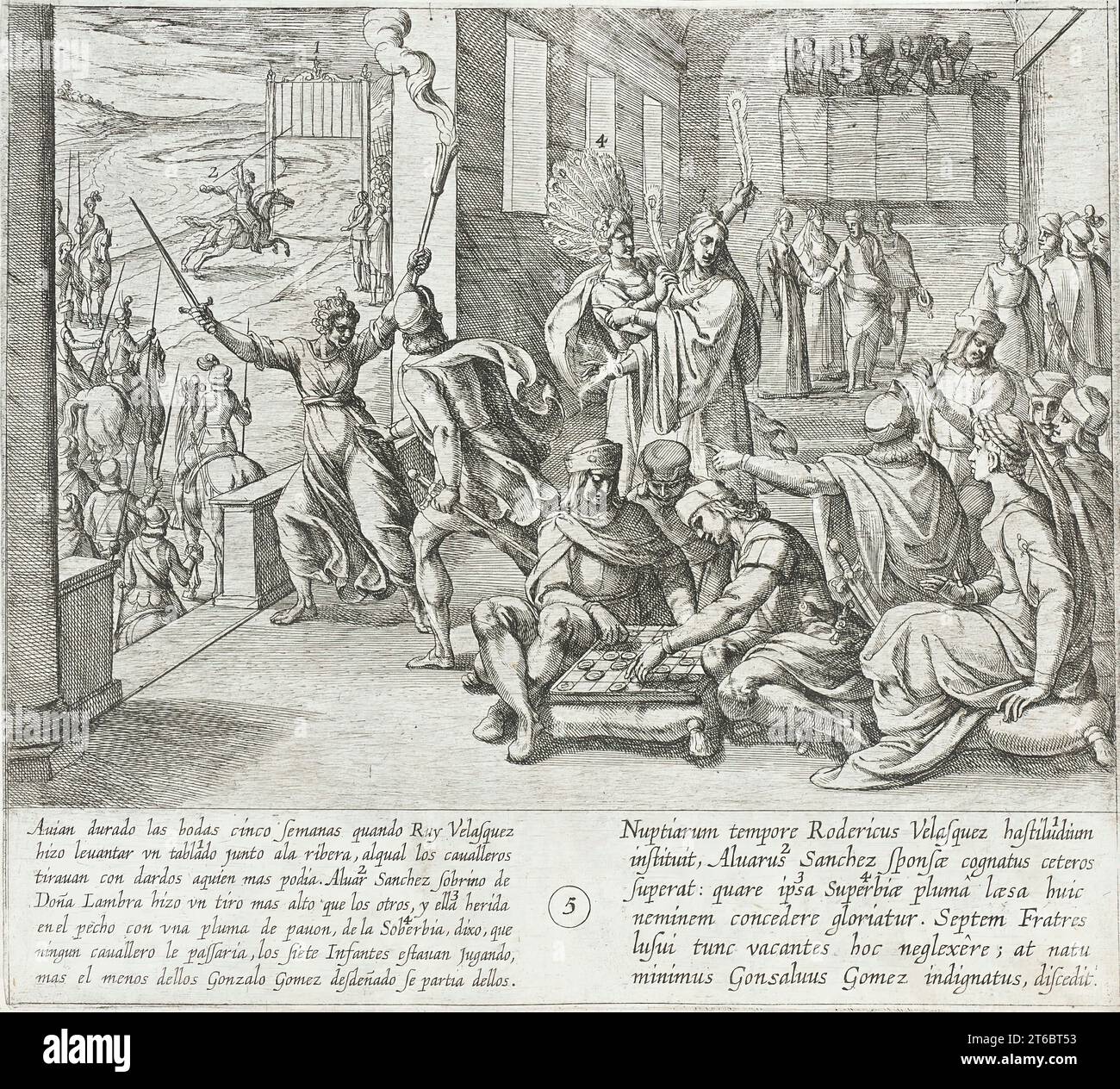 Pendant la célébration du mariage, Do&#xf1;a Lambra défie les Chevaliers pour surpasser son neveu dans The Game of lances, 1612. De l'Histoire des sept fils de Lara, pl. 5. Banque D'Images