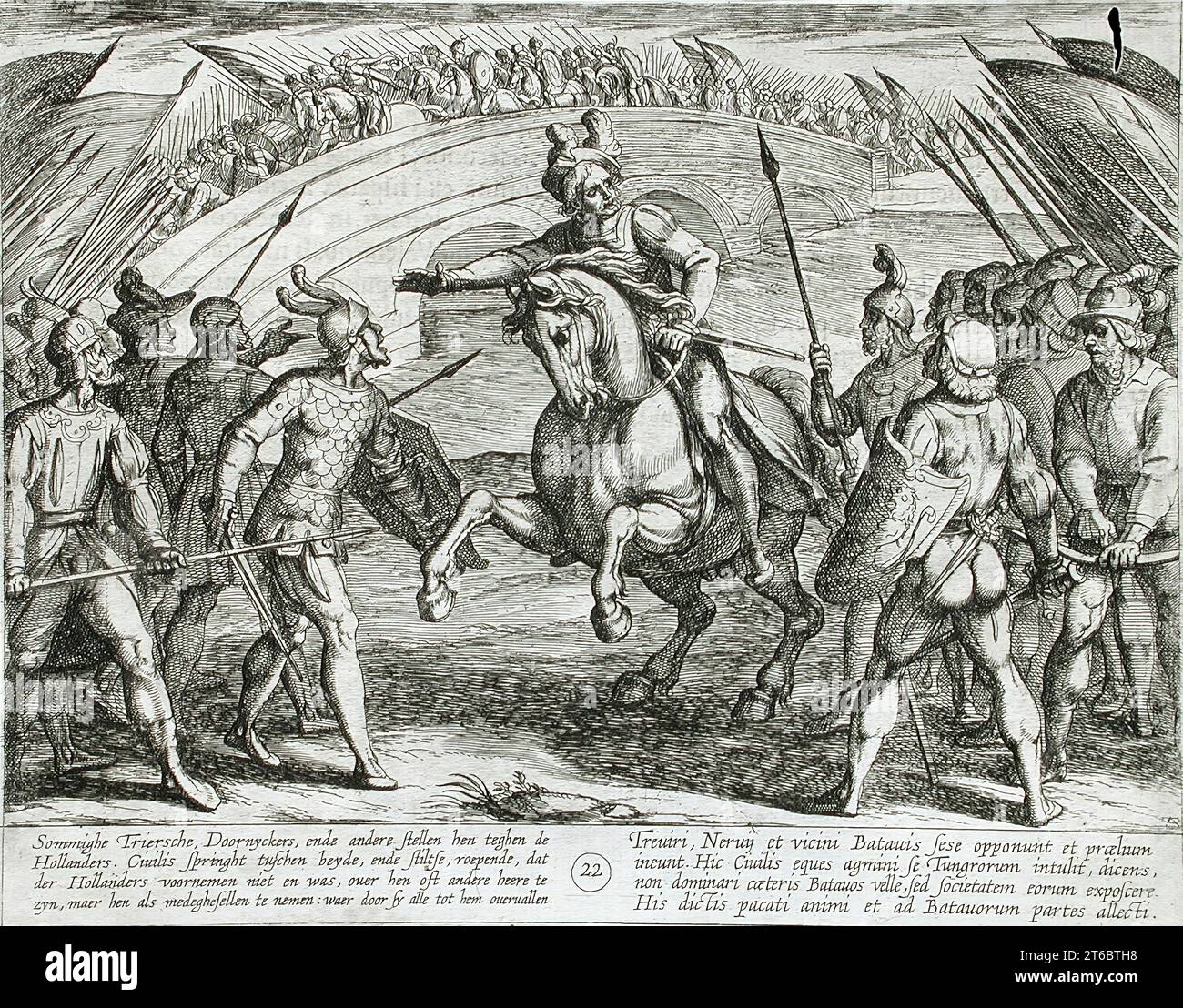 Civilis sépare les Allemands des troupes néerlandaises, Publshed 1612. De la guerre des Romains contre les Bataves, pl. 22. Banque D'Images