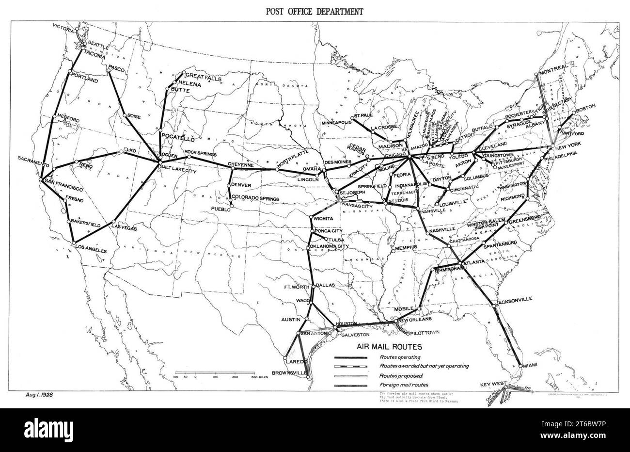 Carte d'itinéraire de courrier aérien USPOD 1928 (bw, contraste élevé) Banque D'Images