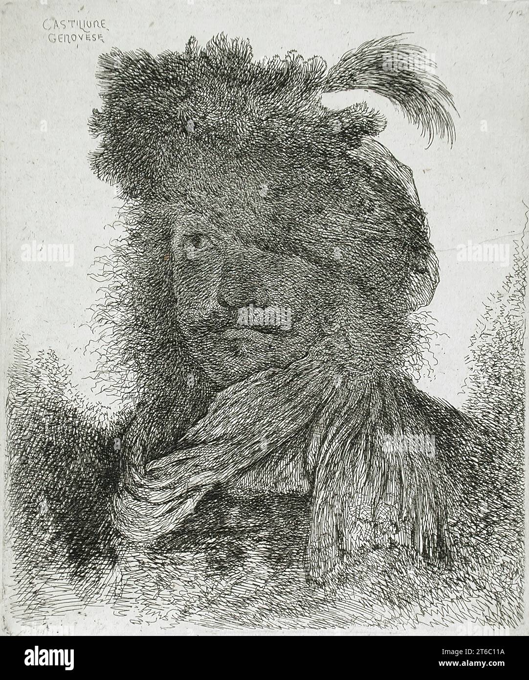 Homme portant une casquette de fourrure à plumé et une écharpe, entre circa 1647 et circa 1651. De large Studies of Heads in Oriental Headdress. Banque D'Images