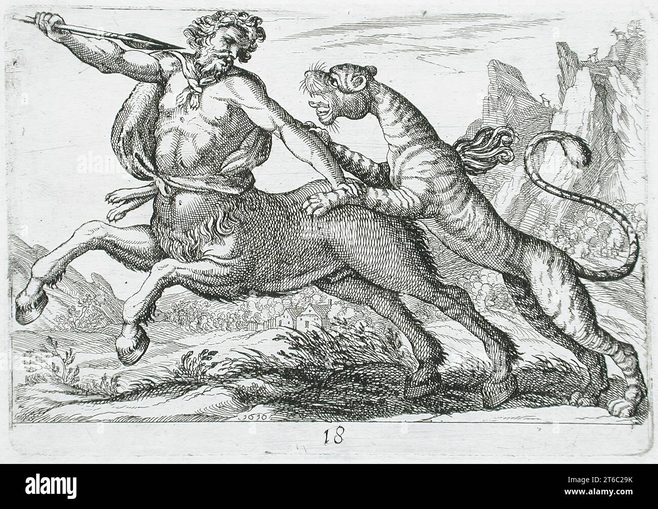 Un Tigre combattant un Centaure, 1610. De Fightling Animals, pl. 18. Banque D'Images