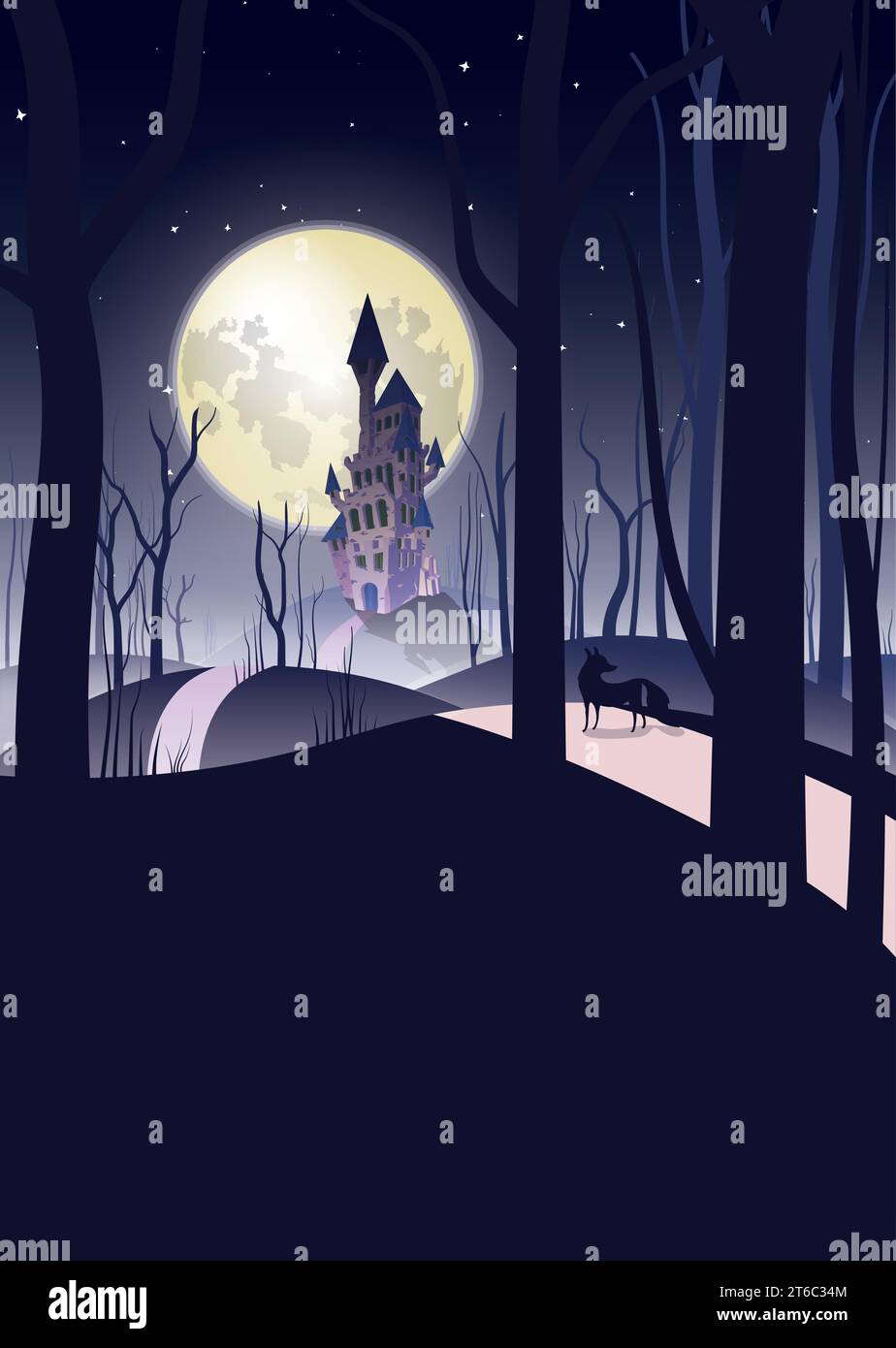 Mystérieux paysage clair de lune : Forêt sinistre, ruines du château hanté, enchanteur Midnight Tale Illustration de Vecteur