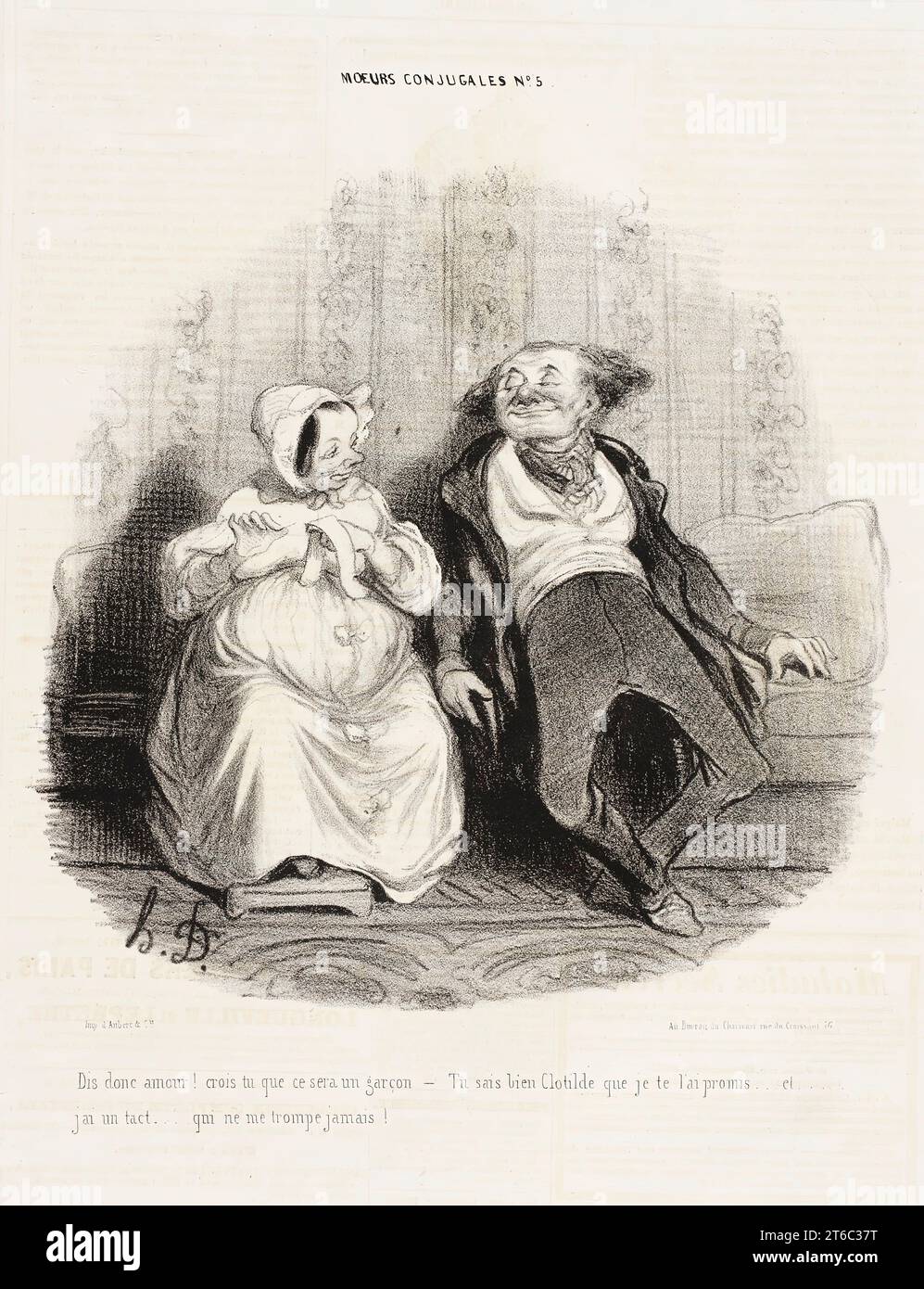 Dis donc amour ! Crois-tu que ce sera un gar&#xe7;on?, 1839. Dis donc amour ! Crois-tu que ce sera un gar&#xe7;on - Tu sais bien Clotilde que je te l'ai promis...et... j'ai un tact...qui ne me trompe jamais!'. Femme: "Dis-moi mon amour, penses-tu que ce sera un garçon" - mari: "Tu sais très bien Clotilde que je l'ai promis... et... j'ai un sens... qui ne me laisse jamais tomber!". De Moeurs conjugales, non 5. Banque D'Images