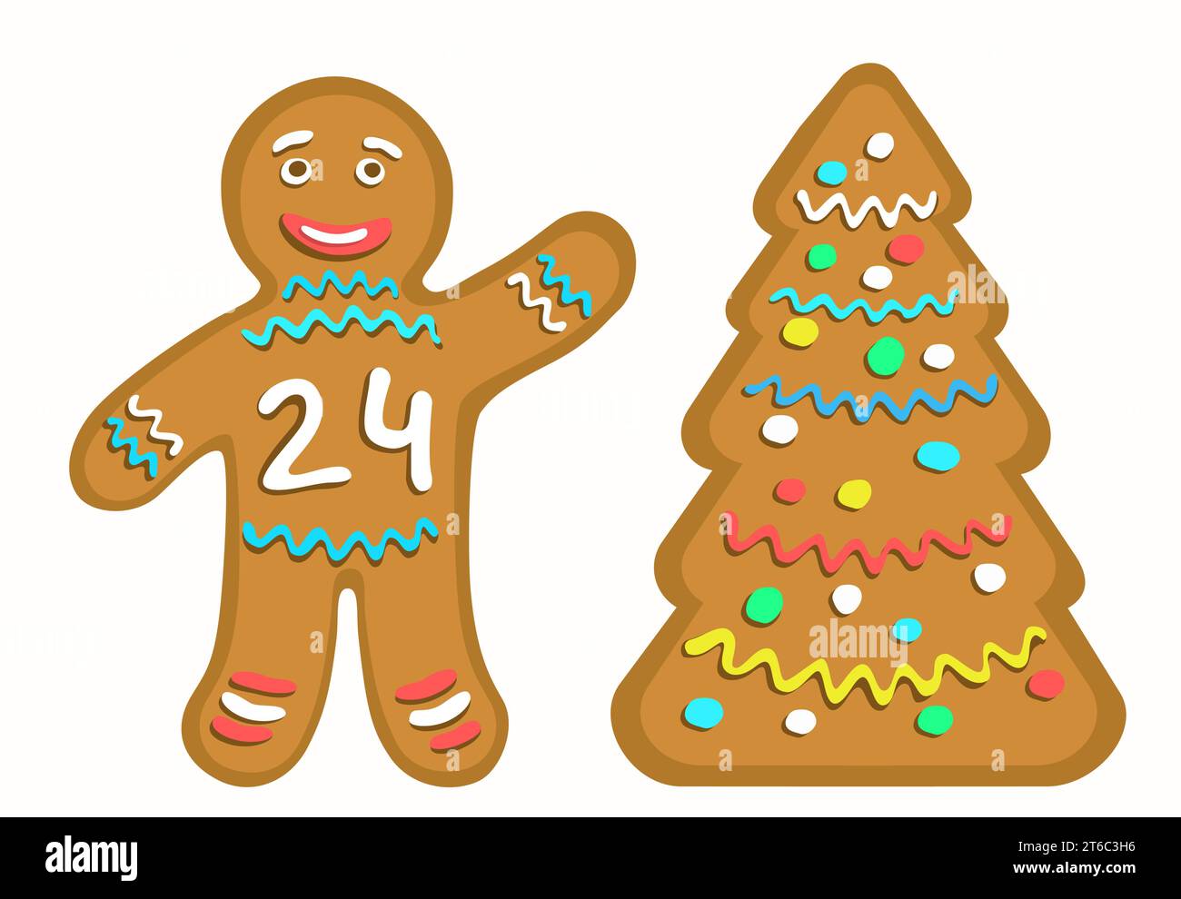 Homme en pain d'épice avec le numéro 24 indiquant le nouvel an 2024. Sapin de Noël stylisé 