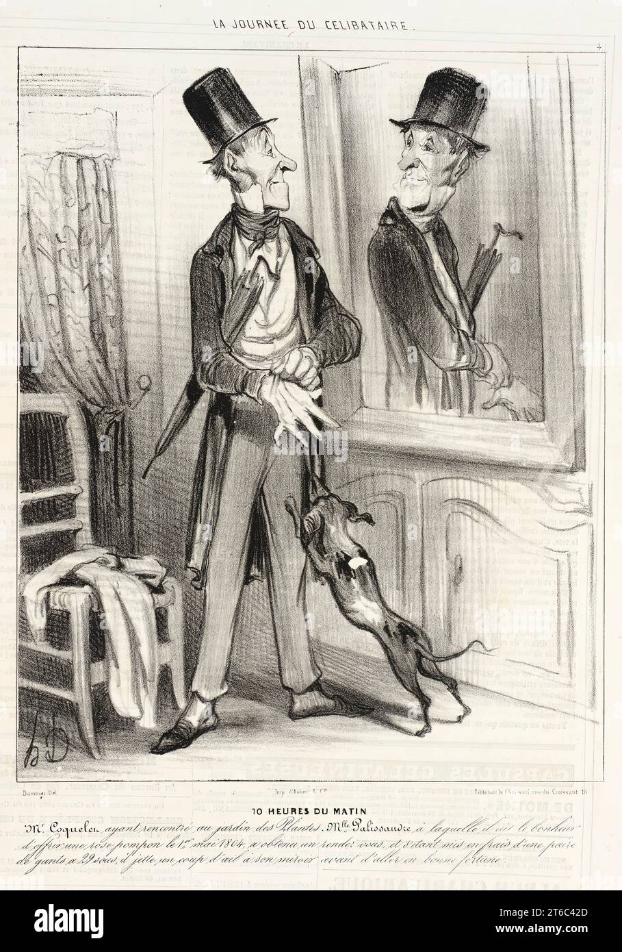 10 heures du matin, 1839. 10 heures du matin. MR. Coquelet ayant rencontré&#xe9 ; au jardin des plantes, M.lle Palissandre &#xe0; laquelle il e&#xfb;t le bonheur d'offrir une rose pompon le 1er mai 1804, a obtenu un rendez-vous, et s'étant mis en frais d'une paire de gants a 29 sous, il jette un coup d'oeil a son miroir avant d'aller en bonne fortune. (Monsieur Coquelet, ayant rencontré au jardin des plantes Mademoiselle Palissandre à qui il a eu le plaisir d'offrir une rose de pompon le 1 mai 1804, a obtenu un rendez-vous, et ayant enfilé une nouvelle paire de gants 29 sous, jette un coup d'œil en salut Banque D'Images