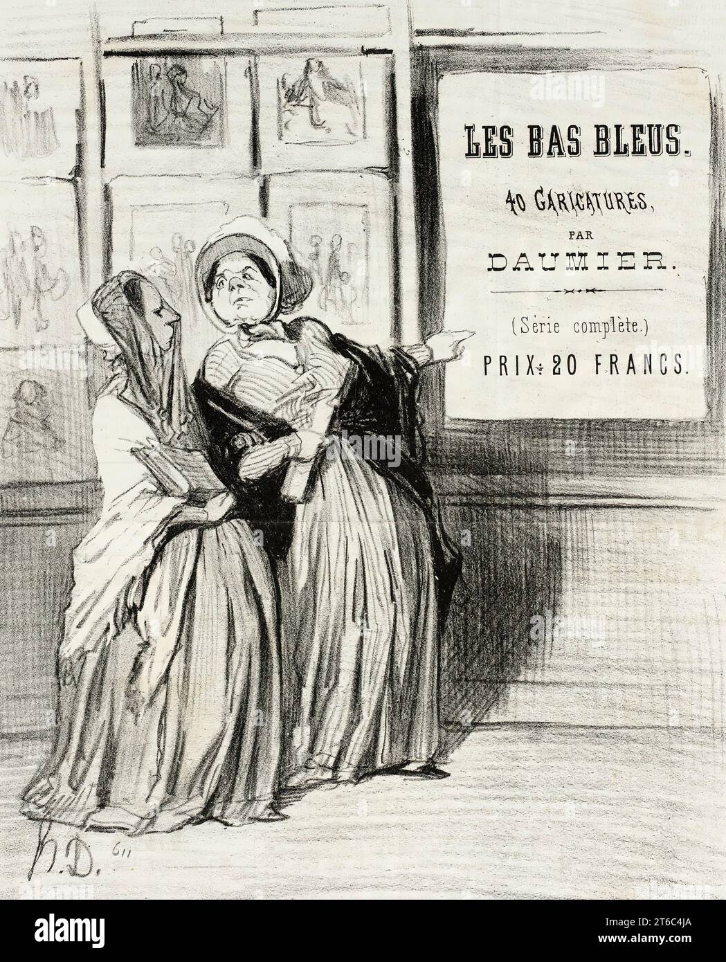 Voyagez donc un peu, ISM&#xe9;nie!..., 1844. « Voyez donc un peu, ISM&#xe9;nie!...Comment le gouvernement permet-il d'afficher de pareilles turpitudes ? » Femme pointant vers une affiche qui dit : 'Bluestockings - 40 caricatures de Daumier - (série complète) Prix : 20 francs'. Elle fait remarquer à son ami : «Regardez, Ismenia!...Comment le gouvernement permet-il qu'une telle turpitude soit affichée?». Depuis les Bas-bleus, non 40. Banque D'Images