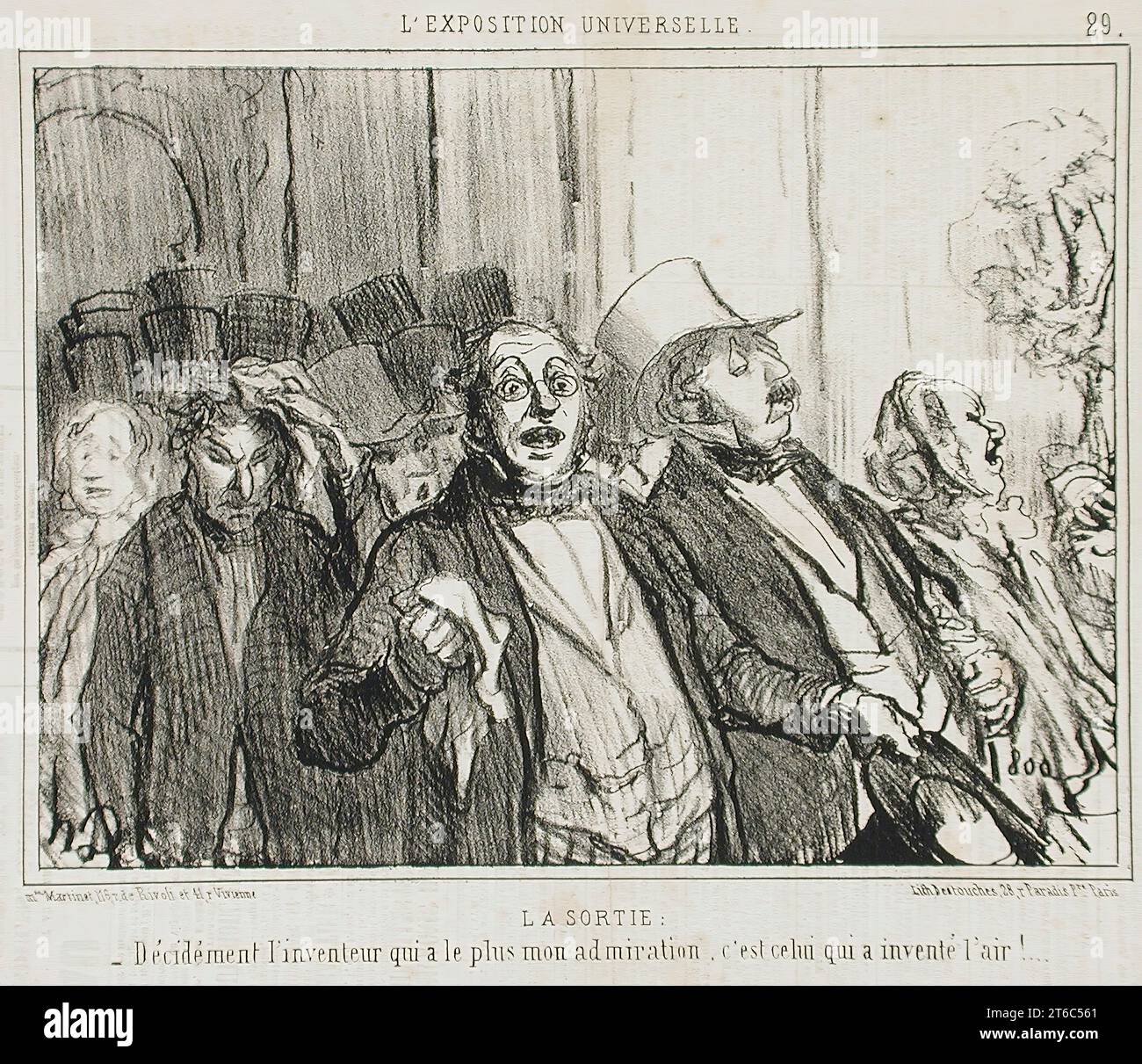 La sortie, 1855. La sortie. - 'D&#xe9;cid&#xe9;ment l'inventeur qui a le plus mon admiration, c'est ce lui qui a invent&#xe9 ; l'air!'. La sortie. (Homme sortant du théâtre : «Eh bien, l'inventeur que j'admire le plus est celui qui a inventé l'air!». De l'exposition universelle, non 29. Banque D'Images