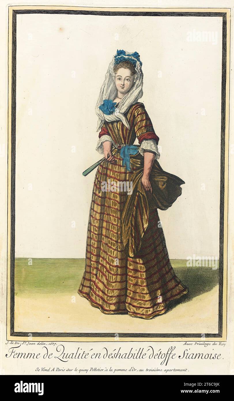 Recueil des modes de la cour de France, 'Femme de Qualit&#xe9 ; en D&#xe9;shabill&#xe9 ; D&#xe9;toffe siamoise', 1687. Banque D'Images