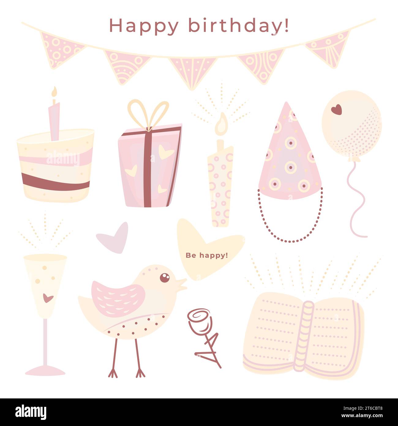 Doodle d'anniversaire Kawaii dans la palette pastel, autocollants vectoriels mignons dans les couleurs rose clair et jaune, éléments pour une carte postale Illustration de Vecteur