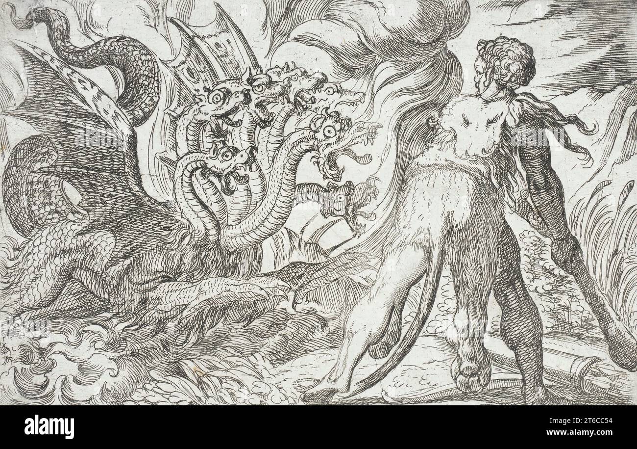Hercule et l'Hydre de Lerna, 1608. Des travaux d'Hercule, pl. 3. Banque D'Images