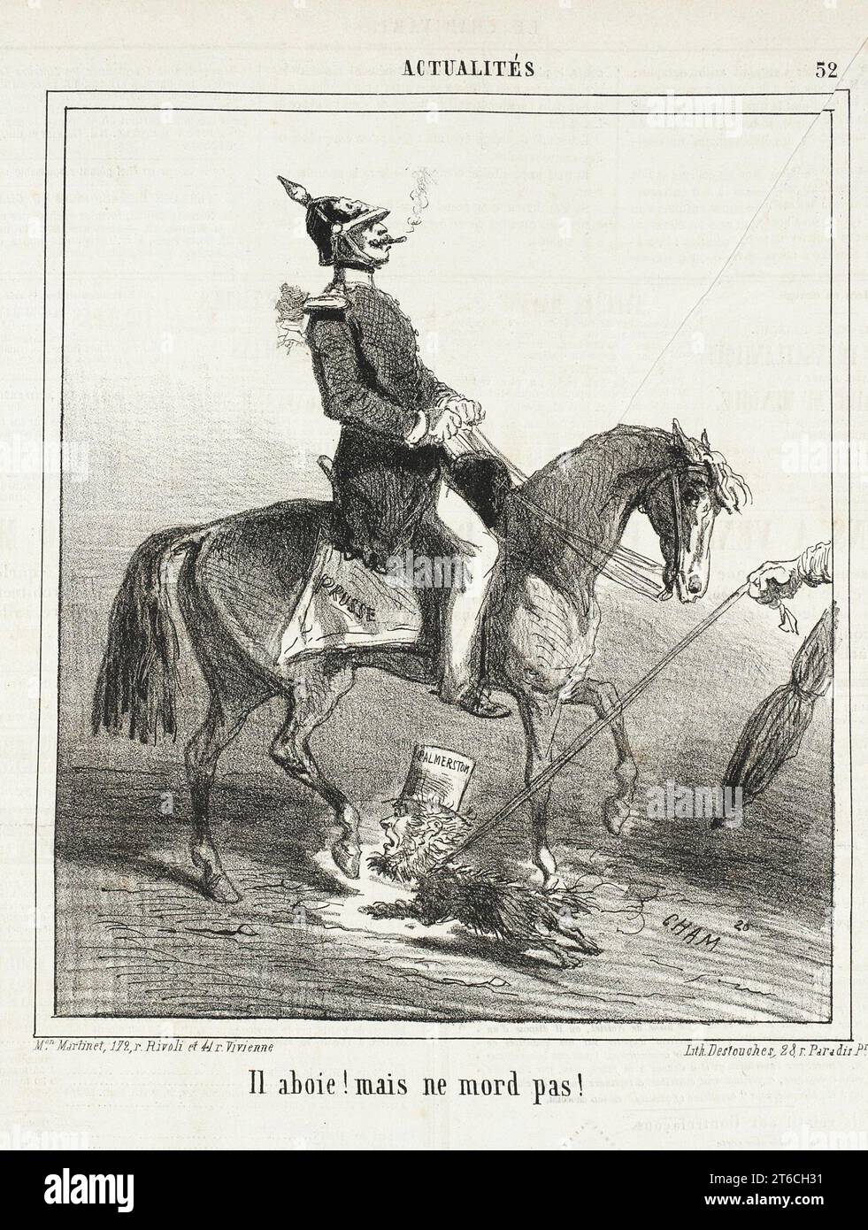 Il Aboie ! Mais il ne mord pas!, 1864. Série : Actualit&#xe9;s ; périodique : le Charivari, vendredi 25 mars 1864.He aboie! mais il ne mord pas ! Banque D'Images