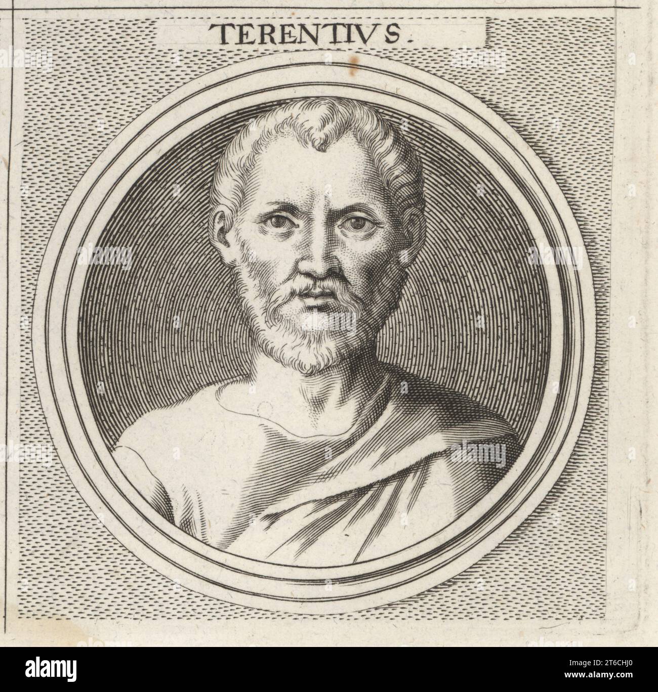 Terence, dramaturge de comédie romaine africaine, c.195-159 av. J.-C.. Publius Terentius Afer, né à Carthage, premier poète africain en latin de la République romaine. Terentius. Gravure sur cuivre d'après une illustration de Joachim von Sandrart tirée de sa LAcademia Todesca, della Architectura, Scultura & Pittura, oder Teutsche Academie, der Edlen Bau- Bild- und Mahlerey-Kunste, Académie allemande d'architecture, de sculpture et de peinture, Jacob von Sandrart, Nuremberg, 1675. Banque D'Images