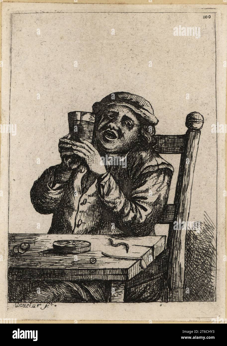 Paysan hollandais du XVIIe siècle assis, tenant un verre, un tuyau de tabac et un cendrier sur la table. Gravure de copperplate par David Deuchar d'après un original par Adriaen van Ostade d'UNE Collection de gravures d'après les maîtres les plus éminents des écoles néerlandaises et flamandes, Édimbourg, 1803. Banque D'Images