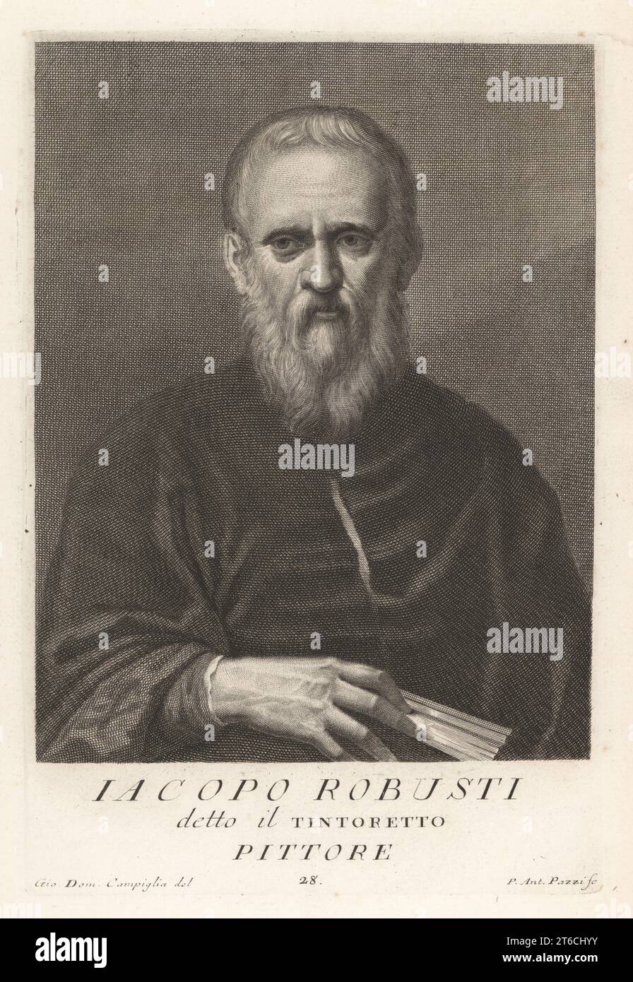 Il Tintoretto ou Jacopo Robusti, peintre italien de l'école vénitienne, 1518-1594. Peintre de sujets historiques et de portraits. Pittore. Gravure sur plaque de coperplate par Pietro Antonio Pazzi d'après Giovanni Domenico Campiglia après un autoportrait par l'artiste du Museo Florentino de Francesco Moucke, Serie di Ritratti de Pittori (série de Portraits de Peintres) stampia Mouckiana, Florence, 1752-62. Banque D'Images