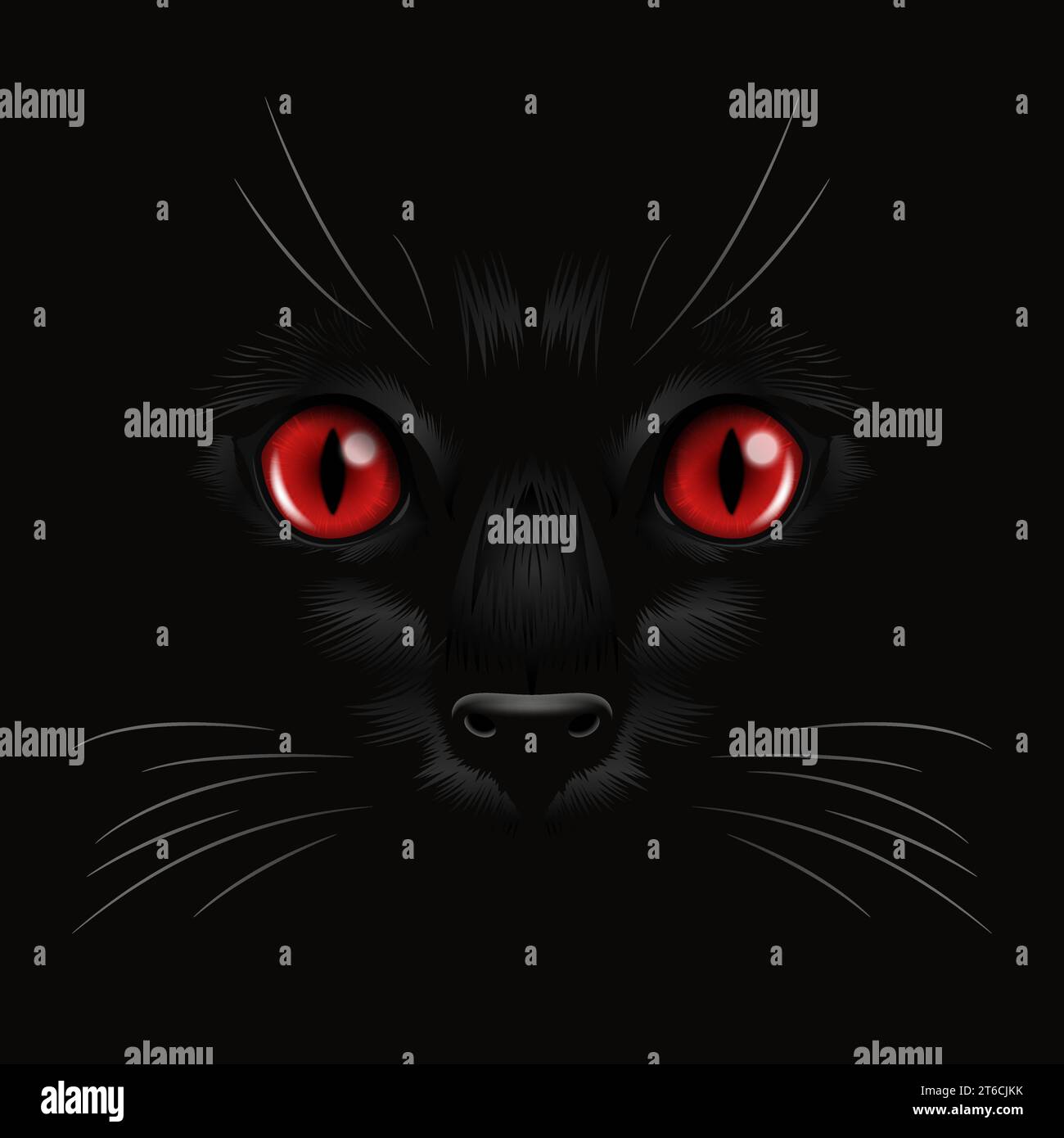 Vector 3d réaliste Red Cats oeil d'un chat noir dans l'obscurité, la nuit. Visage de chat avec Oui, nez, Whiskers sur Noir. Cat Closeup Regardez dans les Ténèbres Illustration de Vecteur