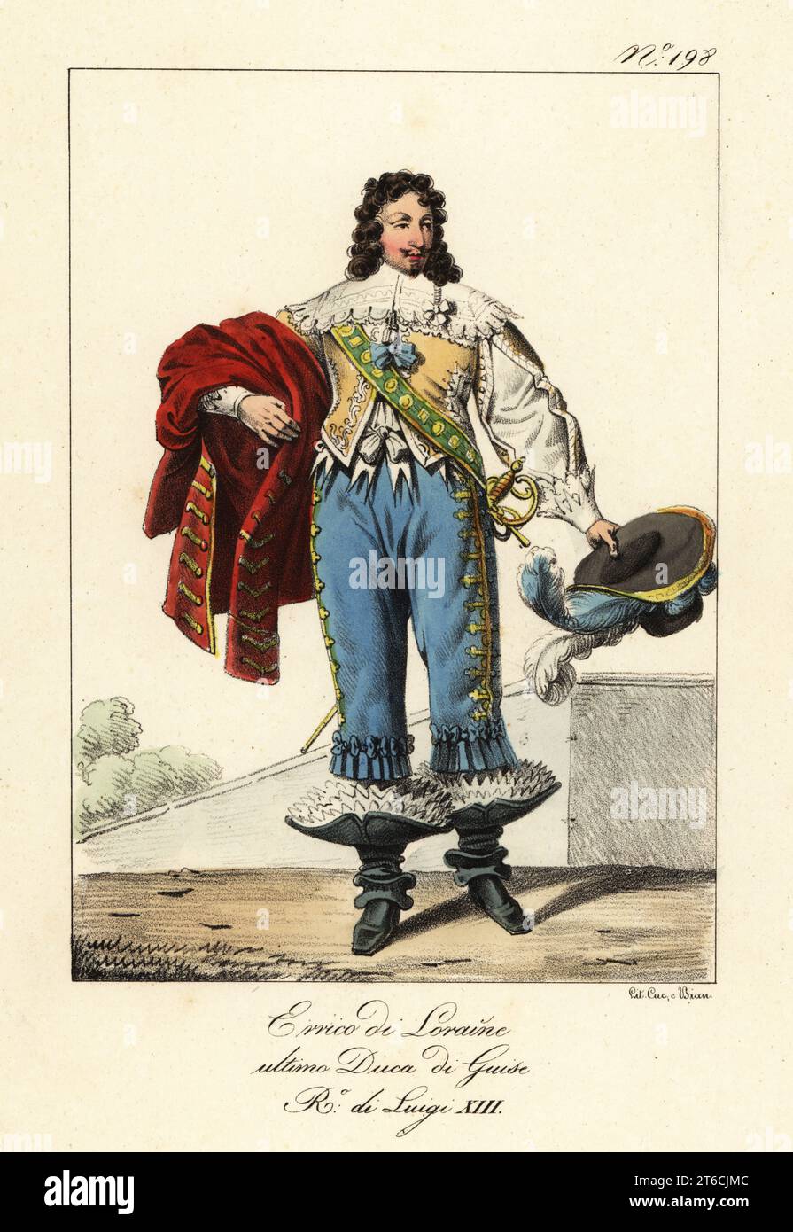 Henri de Lorraine, dernier duc de guise, 1578-1621. Tenue d'un manteau rouge et d'un chapeau plumé, en doublet avec col en dentelle, pantalons brodés, bottes cavalières. Henry de Loraine, dernier duc de guise. Régne de Louis XIII Lithographie coloriée à la main de Lorenzo Bianchi et Domenico Cuciniello d'après Hippolyte Lecomte de Costumi civili e militari della monarchia francese dal 1200 al 1820, Naples, 1825. Édition italienne des costumes civils et militaires Lecomtes de la monarchie française de 1200 à 1820. Banque D'Images