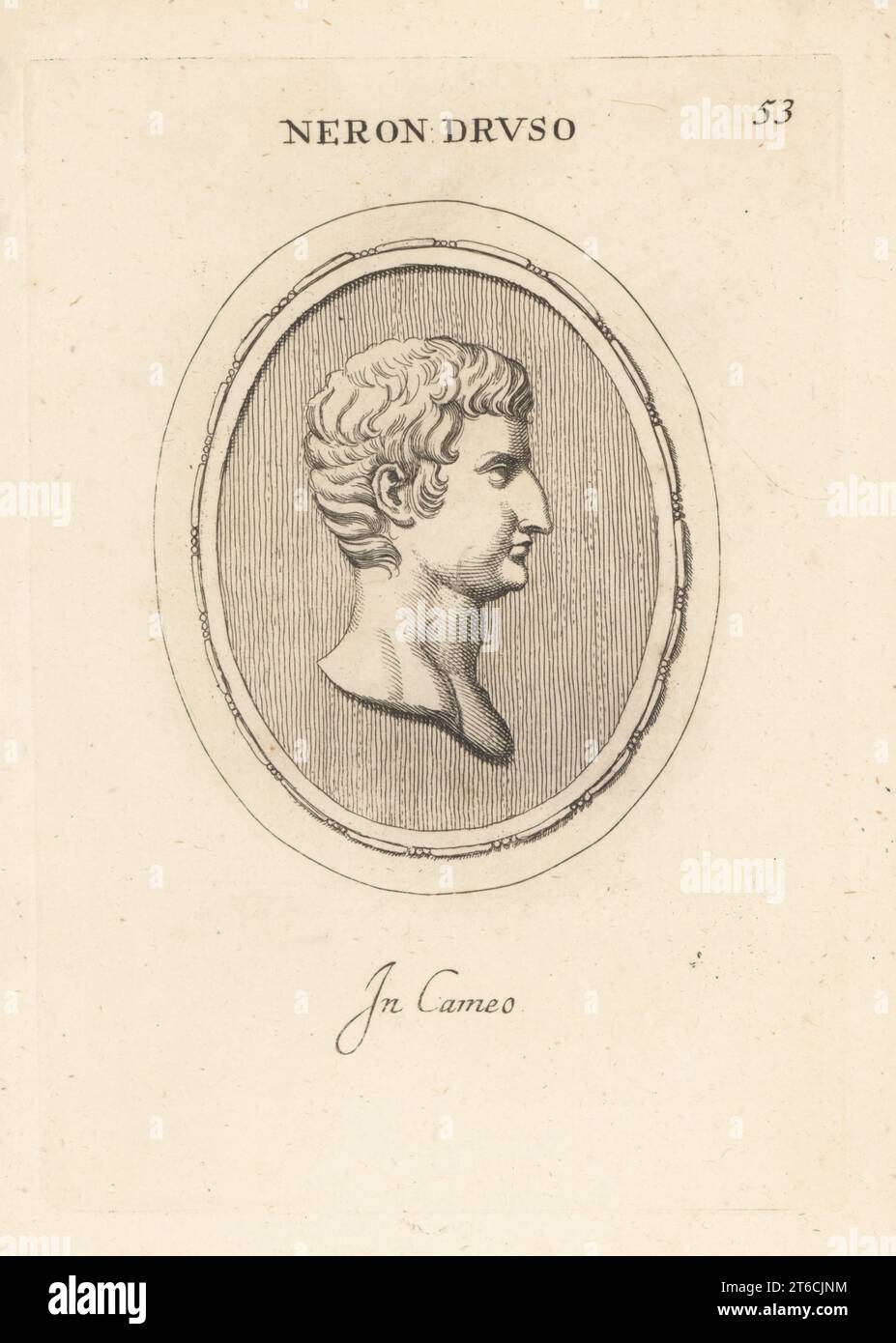 Buste de Drusus Julius Caesar, ou Nero Claudius Drusus, 14 BC - 23 AD. Fils de l'empereur Tiberius, héritier de l'Empire romain après la mort de son frère adoptif Germanicus. Neron Claudio Druso. En caméo. Gravure de coperplate par Giovanni Battista Galestuzzi d'après Leonardo Agostini de gemmae et Sculpturae Antiquae Depitti ab Leonardo Augustino Senesi, Abraham Blooteling, Amsterdam, 1685. Banque D'Images