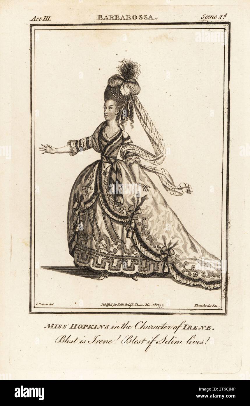 Mme Elizabeth Hopkins dans le personnage d'Irène dans John Browns Barbarossa. Cependant, elle n'a pas joué le rôle à Londres, sa mère l'a joué en 1761. Mme Michael Sharp, 1756-1801, fille de William Hopkins et de l'actrice Elizabeth Hopkins. Gravure sur cuivre de J. Thornthwaite d'après une illustration de James Roberts du Bells British Theatre, composée des pièces anglaises les plus appréciées, John Bell, Londres, 1777. Banque D'Images