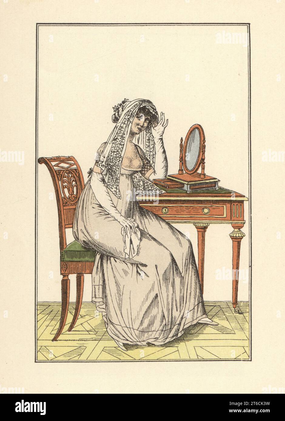 Mode féminine, époque révolutionnaire française, Paris, 1800. Femme dans une robe basse faisant un voile de dentelle dans une coiffe, assise devant un miroir à une coiffeuse. Coeffure formée d'un voile.. Le Journal des Dames et des modes, an VIII, costumes parisiens 236. Lithographie pochoir coloriée à la main par Marcel Bry de Raymonde Sees le Costume de la Révolution a nos jours, Editions de la Gazette des Beaux-Arts, Paris, 1929. Banque D'Images