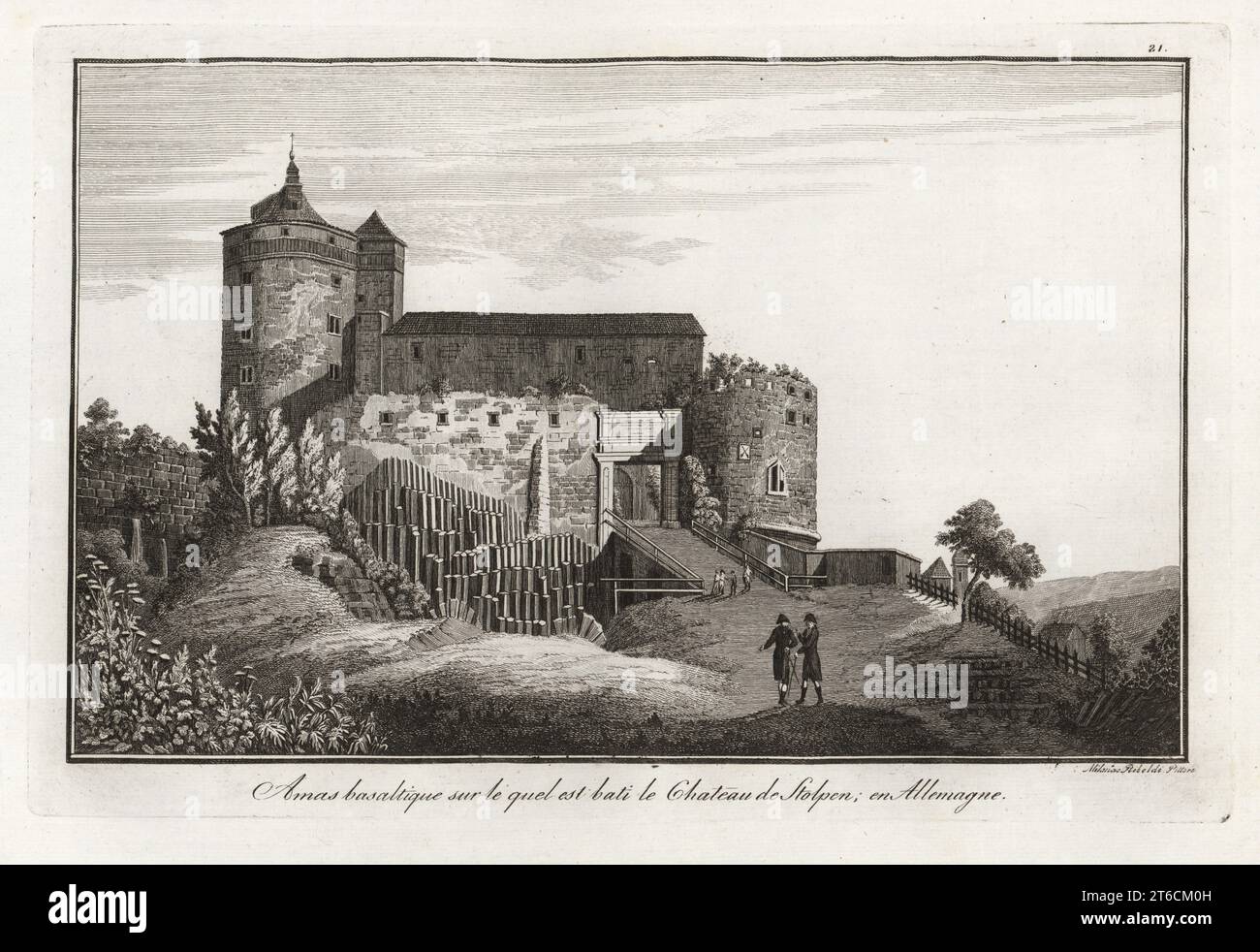 Château de Stolpen, Saxe, Allemagne, forteresse du 13e siècle construite sur une masse de basalte sur une couche de granit. Amas basaltique sur lequel est bati le Chateau de Stolpen en Allemagne. Gravure sur cuivre du peintre milanais Gaetano Riboldi de Scipion Breislaks traite sur la structure extérieure du Globe, Traité sur la structure extérieure du Globe, Jean-Pierre Giegler, Milan, 1822. Banque D'Images