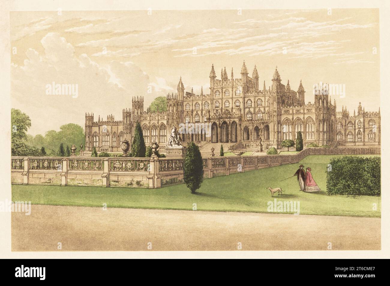 Eaton Hall, Cheshire, Angleterre. Manoir de style gothique construit par William Porden en 1803 pour Robert Grosvenor, 2e comte Grosvenor., modifié plus tard par l'architecte William Burn. Bloc de bois de couleur de Benjamin Fawcett dans le procédé Baxter d'une illustration d'Alexander Francis Lydon du révérend Francis Orpen Morriss vues pittoresques des sièges des nobles et des gentlemen de Grande-Bretagne et d'Irlande, William Mackenzie, Londres, 1880. Banque D'Images