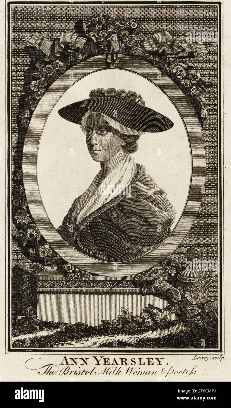 Ann Yearsley (1753-1806), Bristol Milk Woman & Poetess. Milkmaid de Bristol découvert par la célèbre écrivain aristocrate Hannah More, qui l'a aidé à publier un volume de poèmes en 1785. Bristol était un port important dans le commerce des esclaves entre l'Afrique et les colonies britanniques, et en 1788, Ann publia UN poème sur l'inhumanité du commerce des esclaves. Gravure sur plaque de coperplate de Wilson Lowry, publiée par Alexander Hogg à The Kings Arms, 16 Paternoster Row, Londres, 1787. Banque D'Images