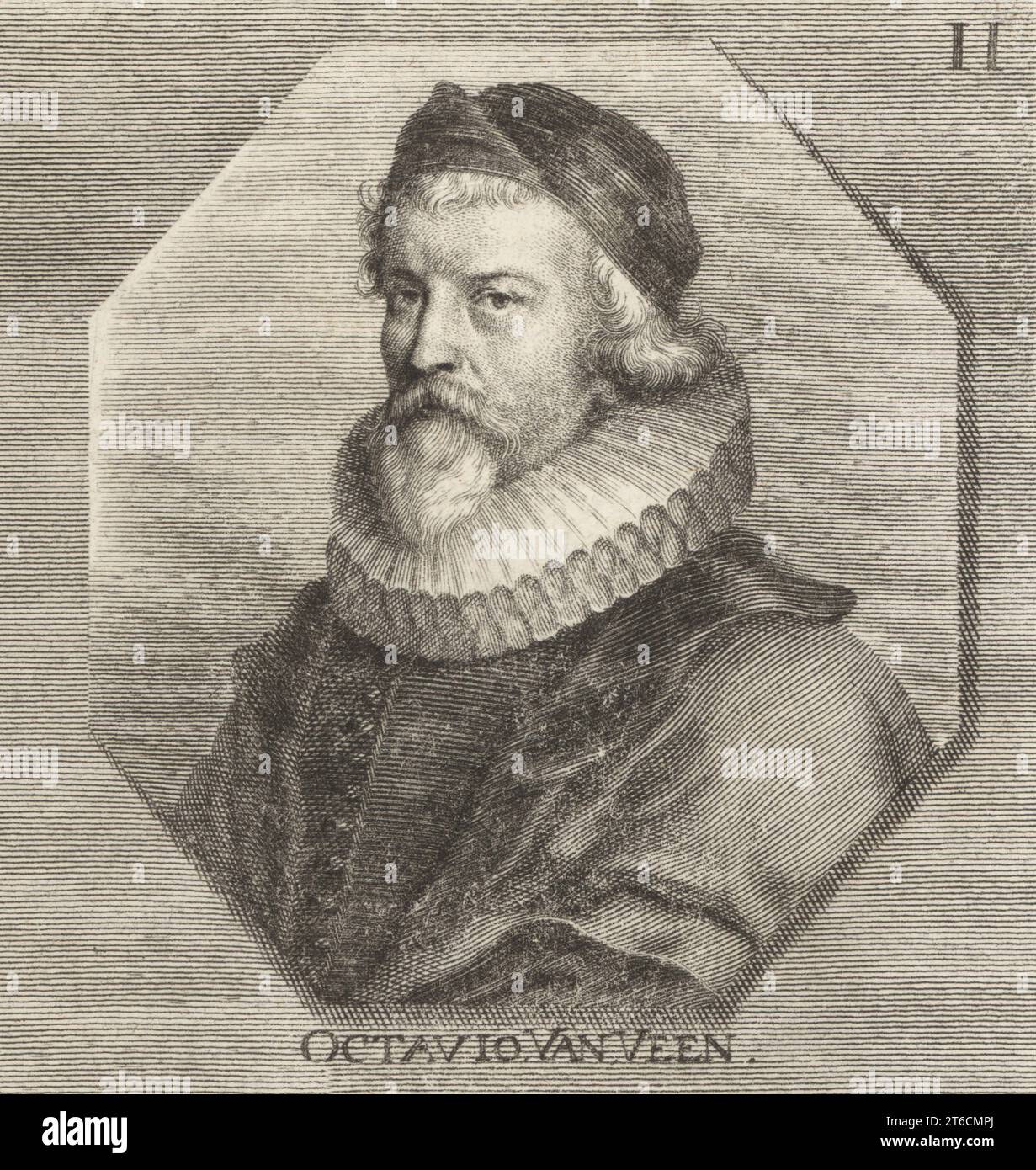 Otto van Veen, peintre, dessinateur et humaniste actif principalement à Anvers et Bruxelles, 1556-1629. Octavio van Veen. Gravure sur cuivre de Johann Georg Waldreich d'après une illustration de Joachim von Sandrart tirée de sa LAcademia Todesca, della Architectura, Scultura & Pittura, oder Teutsche Academie, der Edlen Bau- Bild- und Mahlerey-Kunste, Académie allemande d'architecture, de sculpture et de peinture, Jacob von Sandrart, Nuremberg, 1675. Banque D'Images
