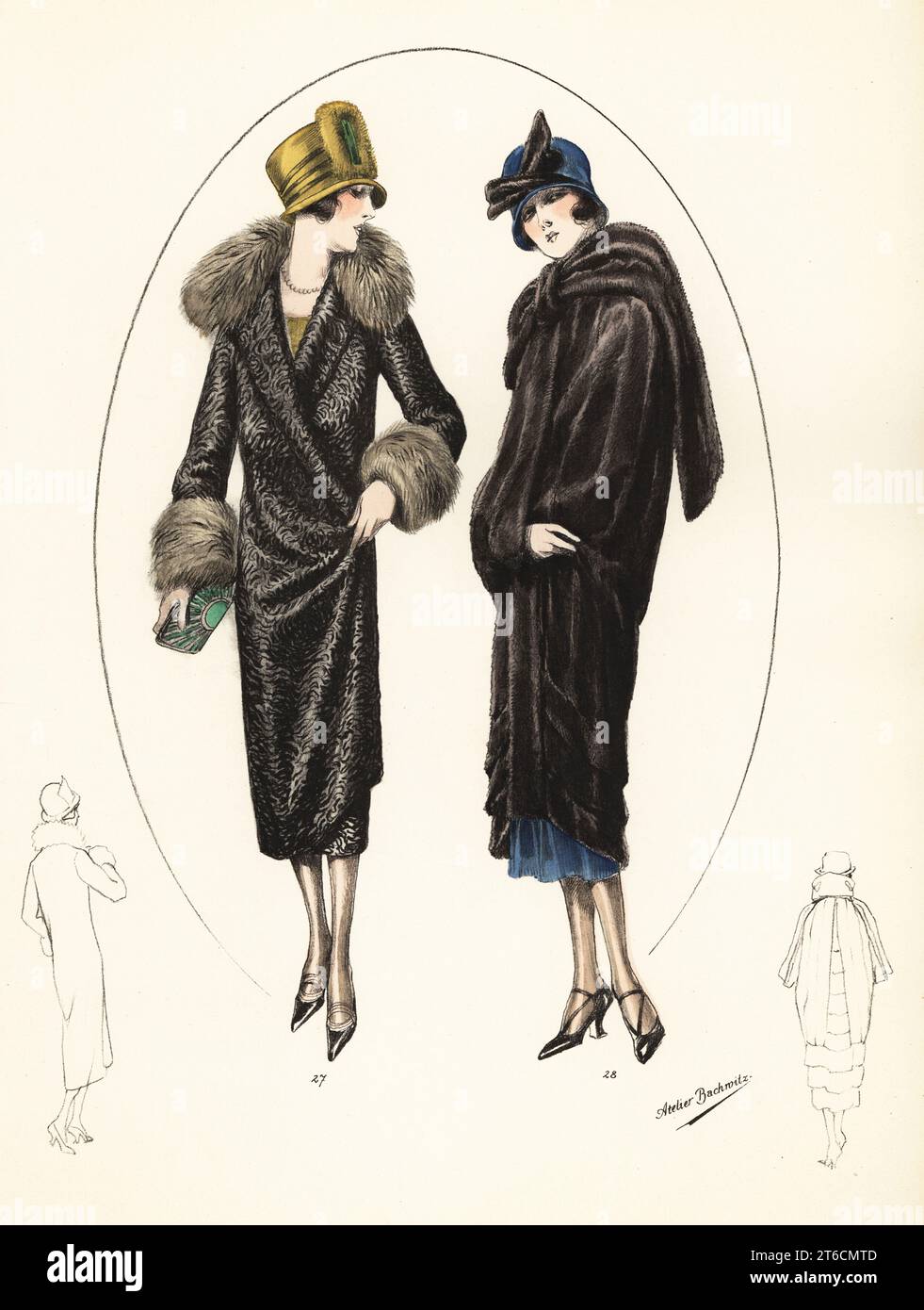 Des femmes tendance en coupes courtes, chapeaux en cloche et manteaux de fourrure de luxe. Manteau de laine d'agneau persan avec col et poignets léopards, manteau en atrastan de Perse 27. Manteau de Moleskin avec foulard travaillé dans le col, manteau en taupe 28. Lithographie de couleur main de modèles originaux de Fourrures, modèles originaux en fourrure, n° 17, atelier Bachwitz, Vienne, 1926. Banque D'Images