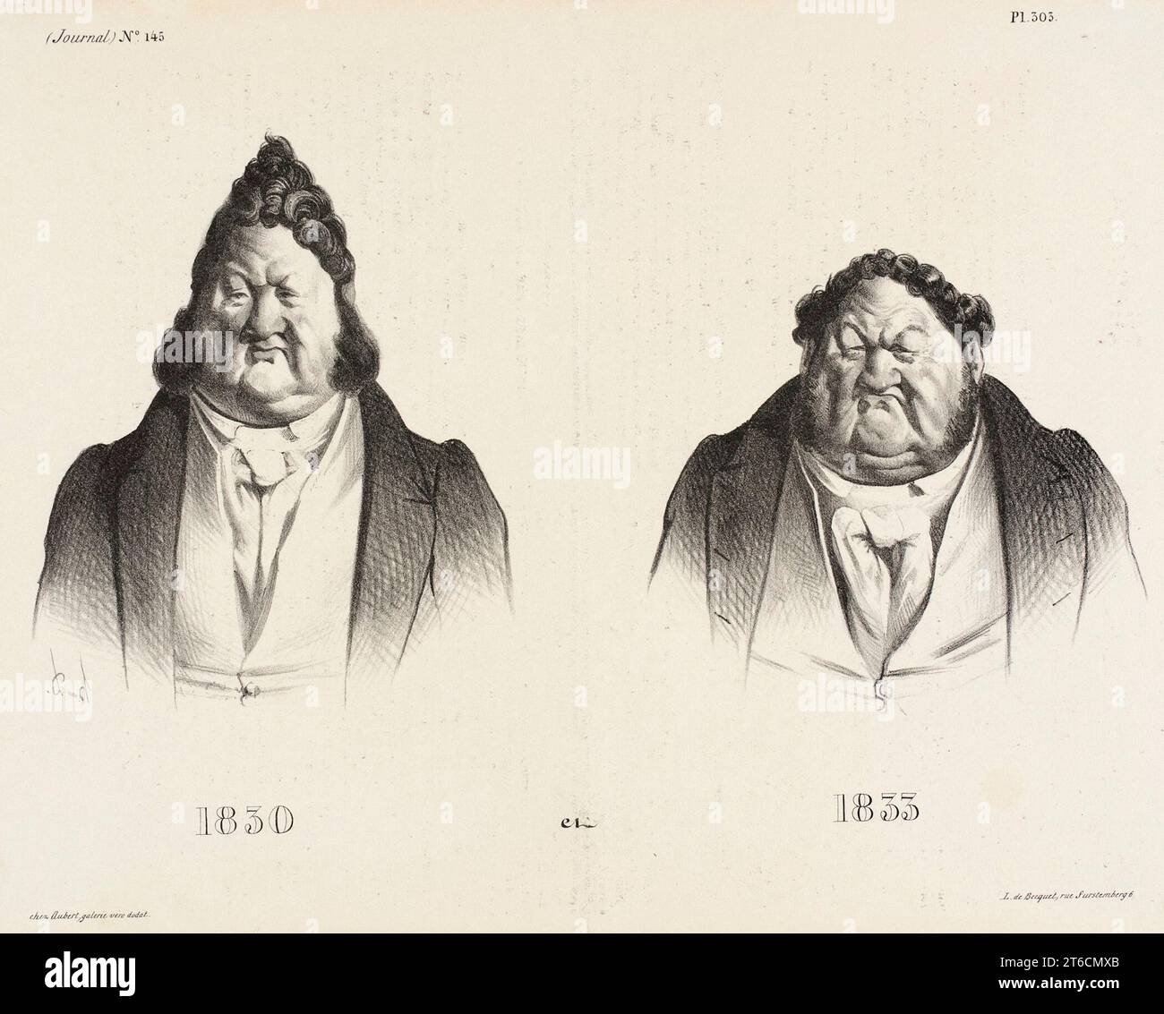 1830 et 1833, 1833. Caricatures de Louis-Philippe Ier à trois ans d'intervalle. Louis Philippe (1773-1850) fut roi des Français de 1830 à 1848. Périodique : la caricature, 15 août 1833, no. 145, plaque 303. Banque D'Images