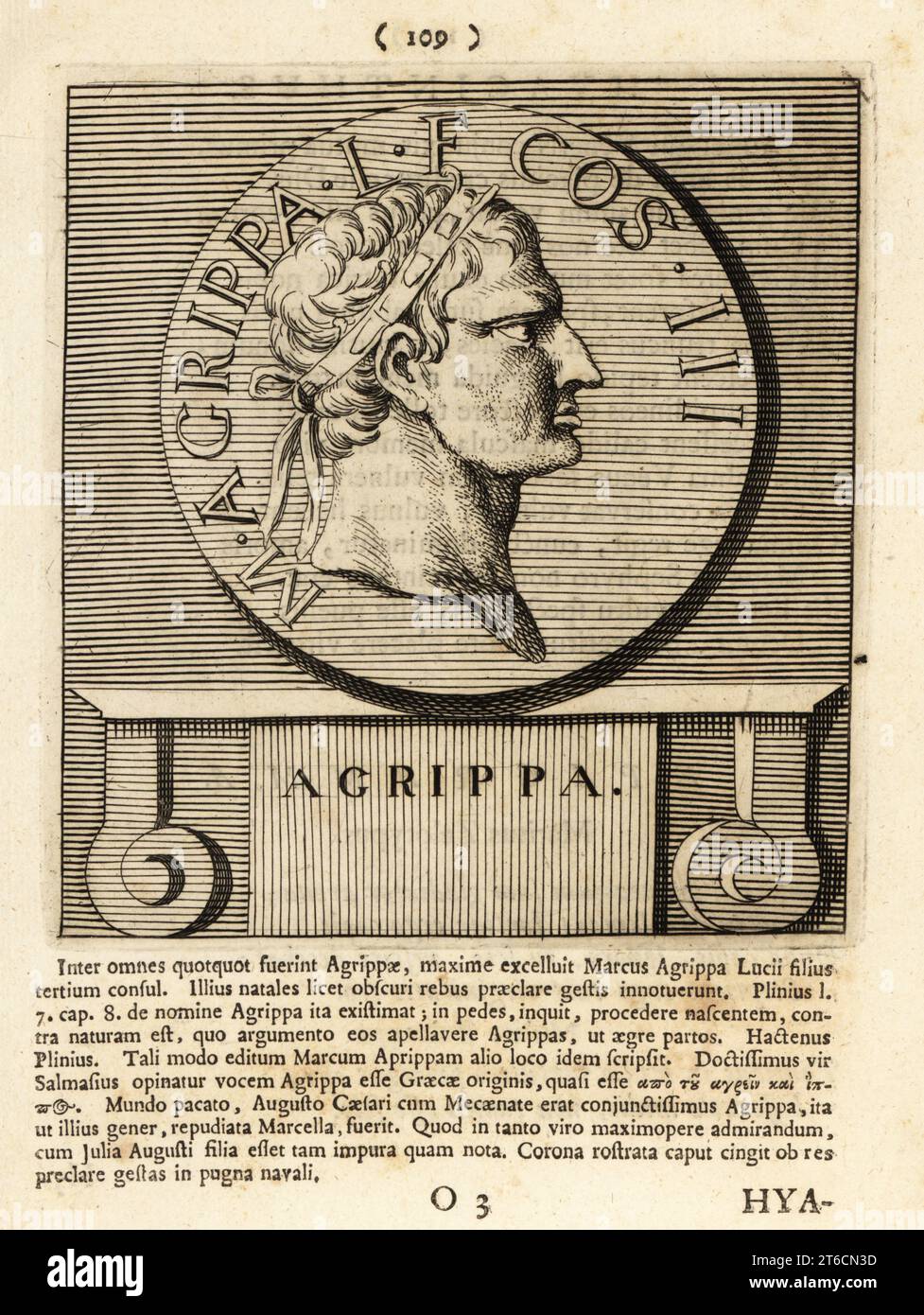 Marcus Vipsanius Agrippa portant une couronne rostrale, vers 64/62 12 av. J.-C., général romain à la bataille d'Actium, homme d'État et architecte du Panthéon. D'une pièce frappée sous Titus. M. AGRIPPA L F COS III Gravure sur cuivre de Pieter Bodart (1676-1712) de Henricus Spoors Deorum et Heroum, Virorum et Mulierum Illustrium imagine Antiquae Illustatae, Gods and Heroes, Men and Women, Illustrated with Antique Images, Petrum, Amsterdam, 1715. Publié pour la première fois sous le titre Favissæ utriusque antiquitatis tam Græcæ quam Romanæ en 1707. Henricus Spoor était un médecin néerlandais, érudit classique, poète et écrivain, fl Banque D'Images