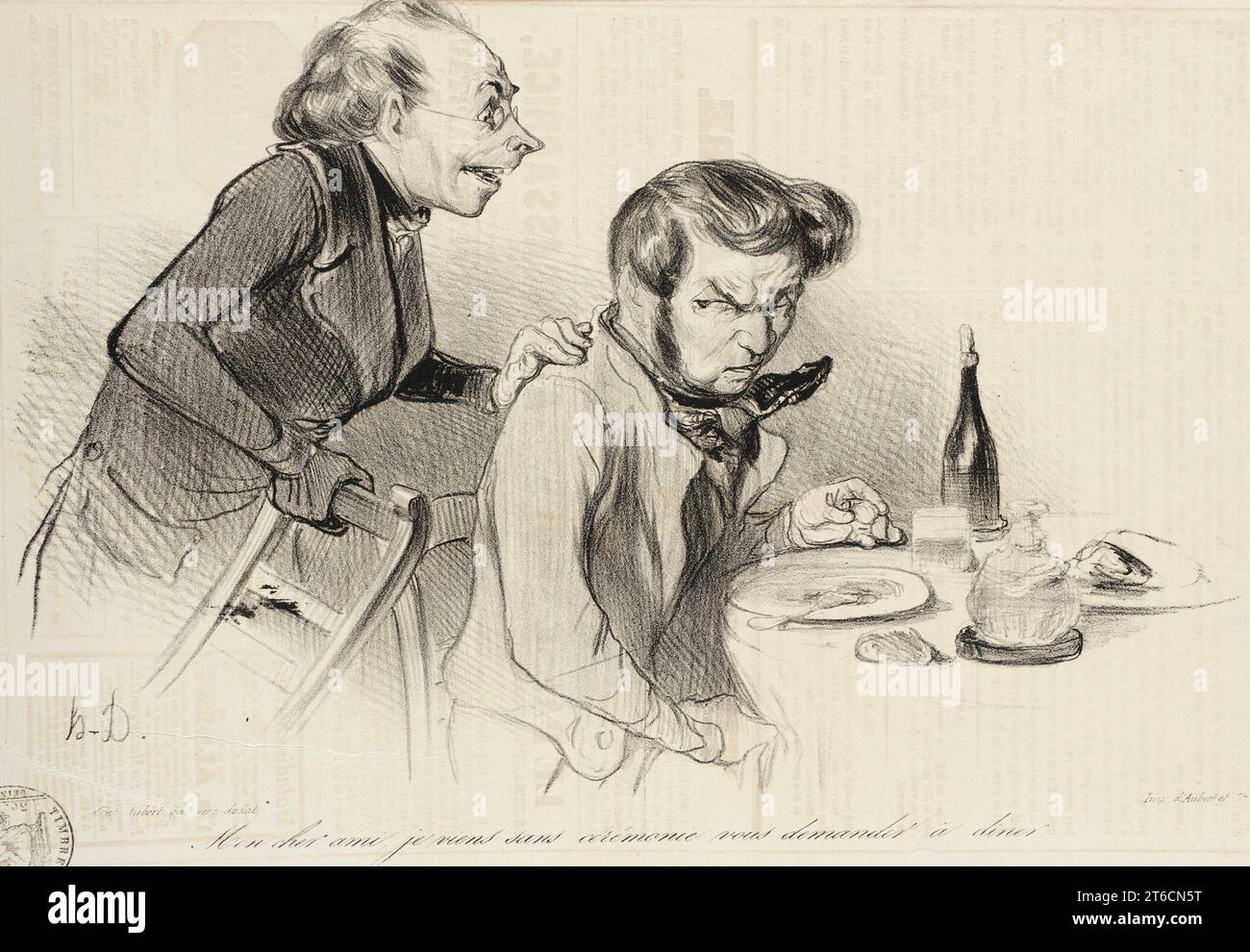 Mon cher ami, je viens sans c&#xe9;r&#xe9;monie.., 1838. « Mon cher ami, je viens sans c&#xe9;r&#xe9;monie vous demander &#xe0 ; diner ». (Mon cher ami, je suis venu sans cérémonie pour vous demander de dîner). Série : croquis d'expressions ; périodique : le Charivari, 18 avril 1838. Banque D'Images