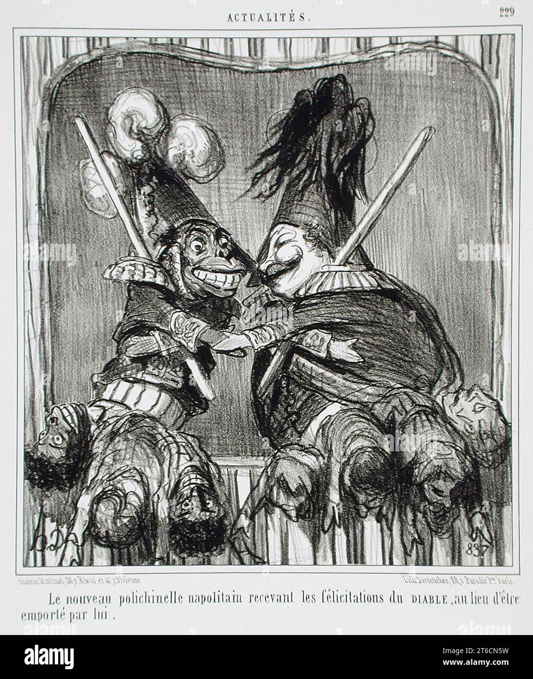 Le Nouveau polichinelle napolitain.., 1855. Le nouveau polichinelle napolitain recevant les f&#xe9;licitations du DIABLE, au lieu d'&#xea;tre port&#xe9 ; par lui. (Le Nouveau Pulcinella napolitain reçoit les félicitations du DIABLE, au lieu d'être emporté par lui). Série : Actualit&#xe9;s ; périodique : le Charivari, 19 octobre 1855. Banque D'Images