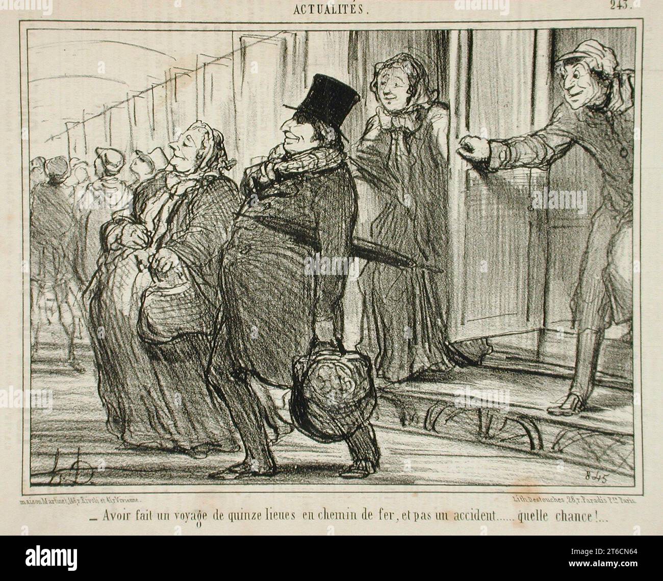 Avoir un voyage de quinze lieues en chemin de fer.., 1855. ...et pas un accident...quelle chance ! (D'avoir fait un voyage de quinze lieues en train, et pas un seul accident...quelle chance!). Série : Actualit&#xe9;s ; périodique : le Charivari, 19 novembre 1855. Banque D'Images