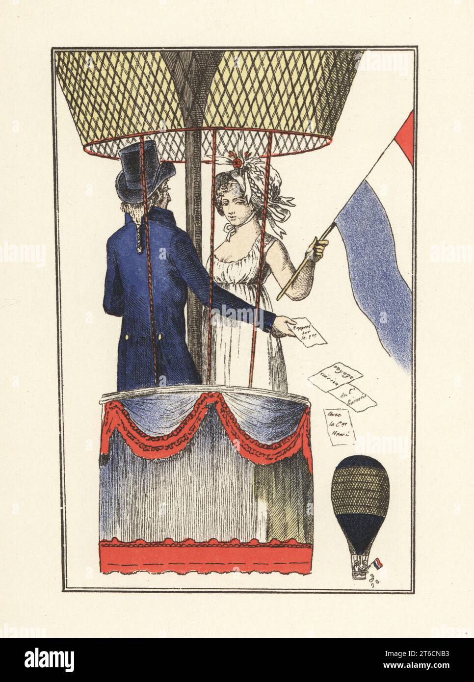 Deuxième ascension en ballon du Dr André-Jacques Garnerin avec le citoyen Henri au Parc Monceau, Paris, 8 juillet 1798. Deuxième ascension du physicien Garnerin avec le citoyen Henri au Parc de Mousseaux, le 5 Thermidor an 6. Copié du Journal des Dames et des modes, an VI, supplément aux costumes parisiens. Lithographie pochoir coloriée à la main par Marcel Bry de Raymonde Sees le Costume de la Révolution a nos jours, Editions de la Gazette des Beaux-Arts, Paris, 1929. Banque D'Images