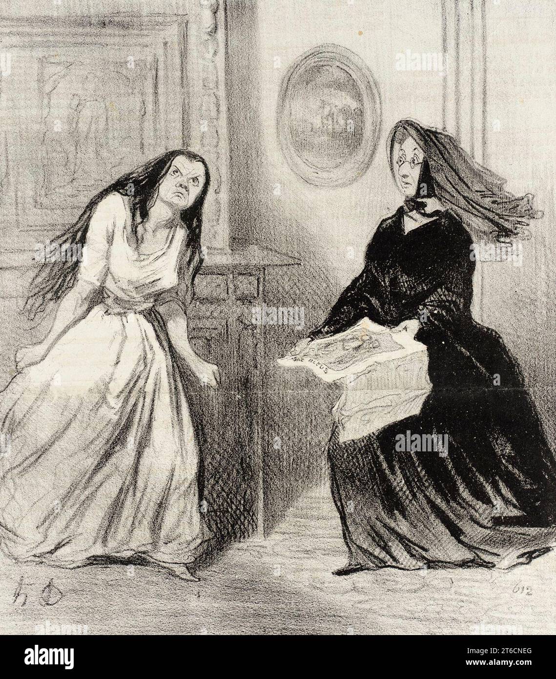 Commentaire ! encore une caricature sur nous.., 1844. 'Commentaire ! encore une caricature sur nous, ce matin, dans le Charivari !...ah! jour de ma vie ! J'esp&#xe8;re bien que cette fois c'est la derni&#xe8;re!...et si jamais ce Daumier me tombe sous la main, il lui en coutera cher pour s'&#xea;tre permis de tricoter des bas bleus.'. Femme à collègue: "Quoi! Encore une autre caricature sur nous ce matin dans le Charivari!...ah! mon dieu ! J'espère vraiment que cette fois-ci est la dernière!...et si jamais je mets la main sur ce Daumier, cela lui coûtera cher pour avoir osé tricoter [c'est-à-dire l'aiguille] Blue Stockings'. Banque D'Images