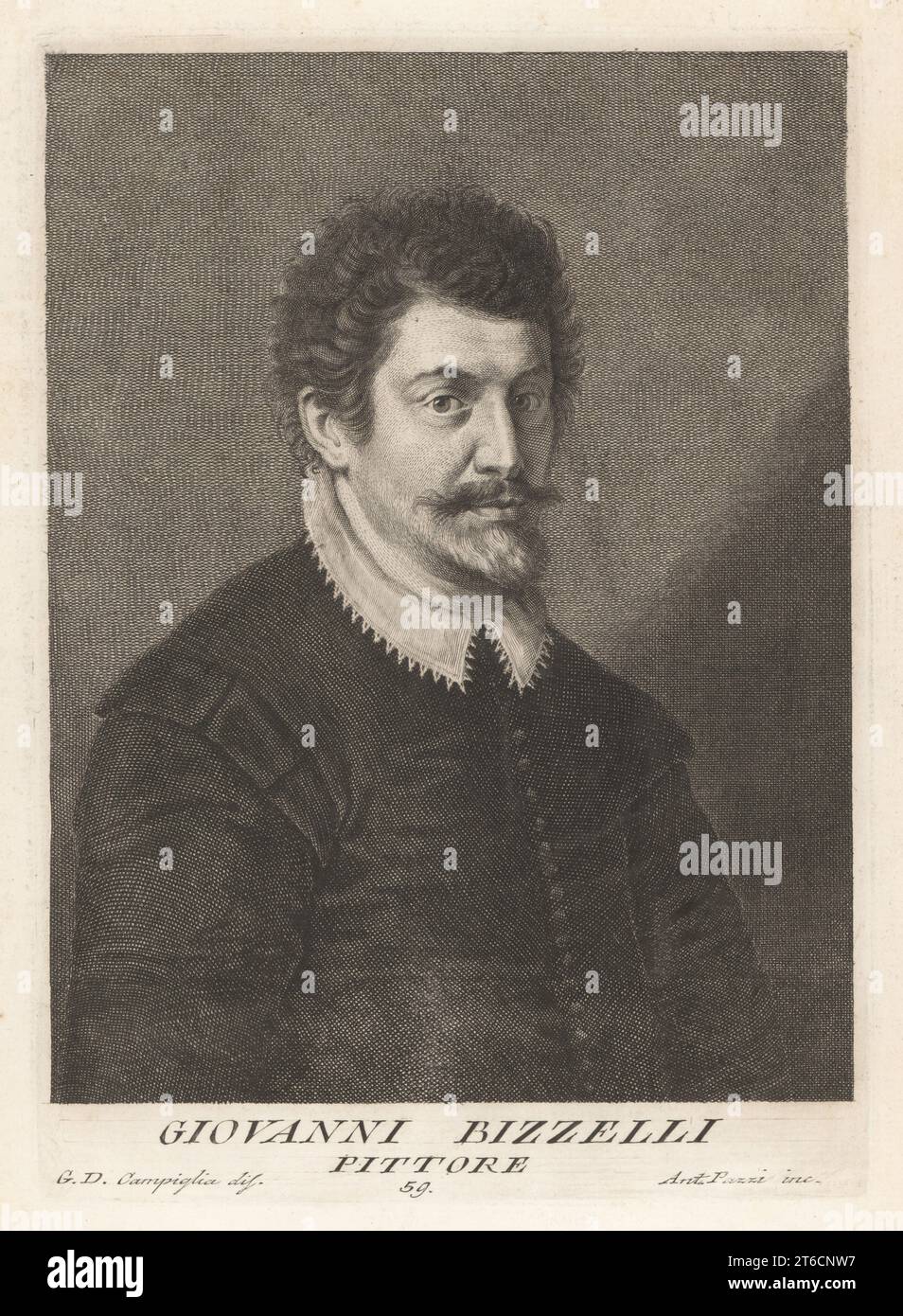 Giovanni Bizzelli, peintre italien de la période manineriste tardive, 1556-1612. Travaillé à Rome et Florence, et peint des fresques dans les églises et les voûtes du couloir des Offices. Gravure sur plaque de coperplate par Pietro Antonio Pazzi d'après Giovanni Domenico Campiglia après un autoportrait par l'artiste du Museo Florentino de Francesco Moucke, Serie di Ritratti de Pittori (série de Portraits de Peintres) stampia Mouckiana, Florence, 1752-62. Banque D'Images