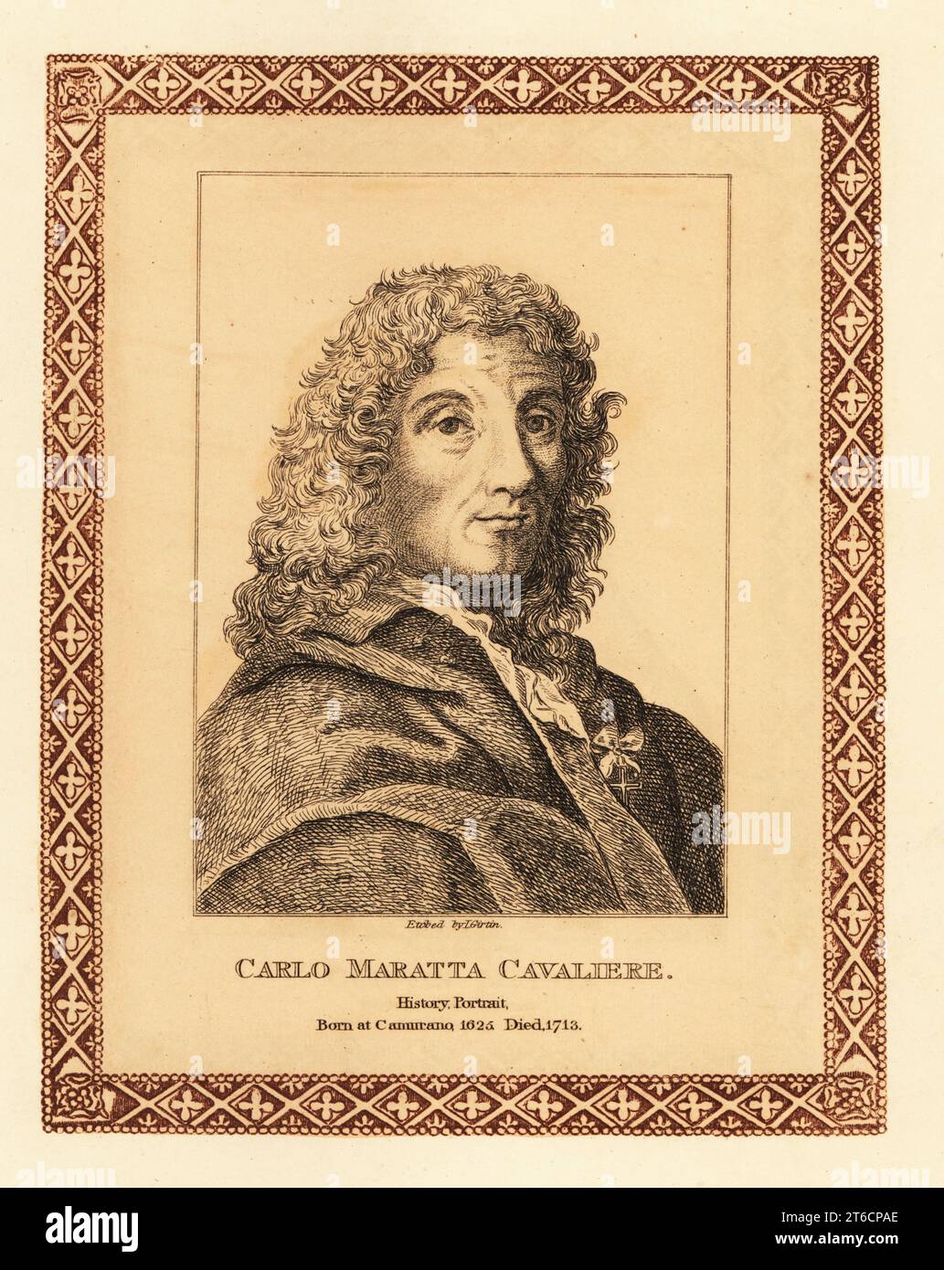 Carlo Maratta Cavaliere, 1625-1713, peintre d'histoire italien connu principalement pour ses peintures exécutées d'une manière classique baroque tardif. Gravure teintée dans une bordure décorative par John Girtin d'après un autoportrait de Maratta de John Girtins Seventy-Five Portraits of Celebrated Painters from Authentic Originals, J. MCreery, Londres, 1817. Banque D'Images
