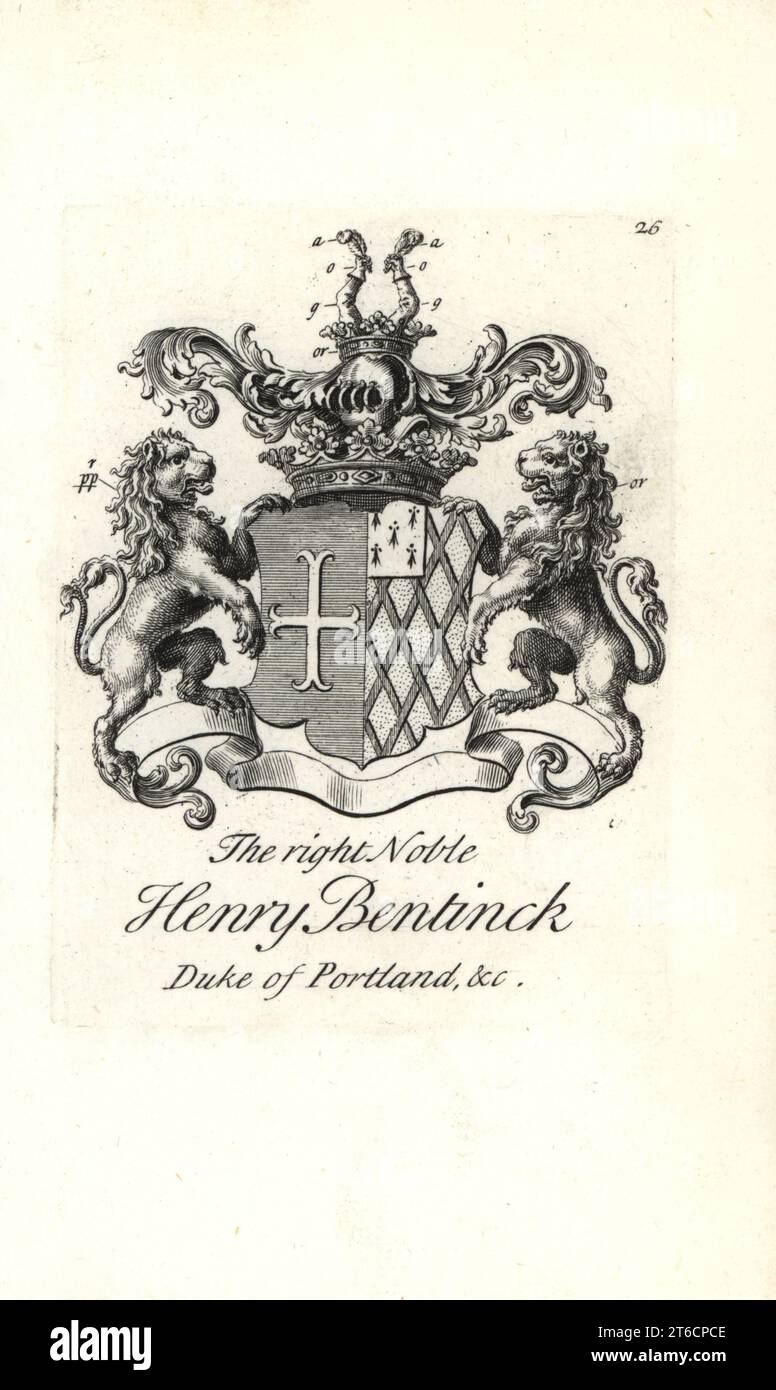 Armoiries et écusson du noble droit Henry Bentinck, premier duc de Portland, 1682-1726. Gravure de Copperplate par Andrew Johnston après C. Gardiner de Notitia Anglicana, Shwing the Réalisations of all the English Noblesse, Andrew Johnson, The Strand, Londres, 1724. Banque D'Images